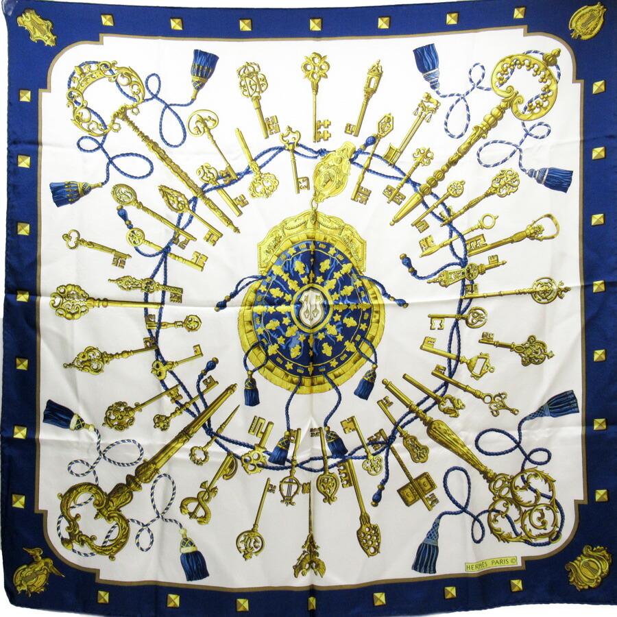 Hermes Scarf Carre 90 LES CLES White Navy Gold Silk: Hermes Scarf Carre 90 LES CLES White Navy Gold Silk Brand: Hermes Type: Scarf Gender: Women Color: Gold Navy White Material: Silk100% Silk: 100% Size (LxW): 89cm x 88cm / 35.03 x 34.64 Condition: Used