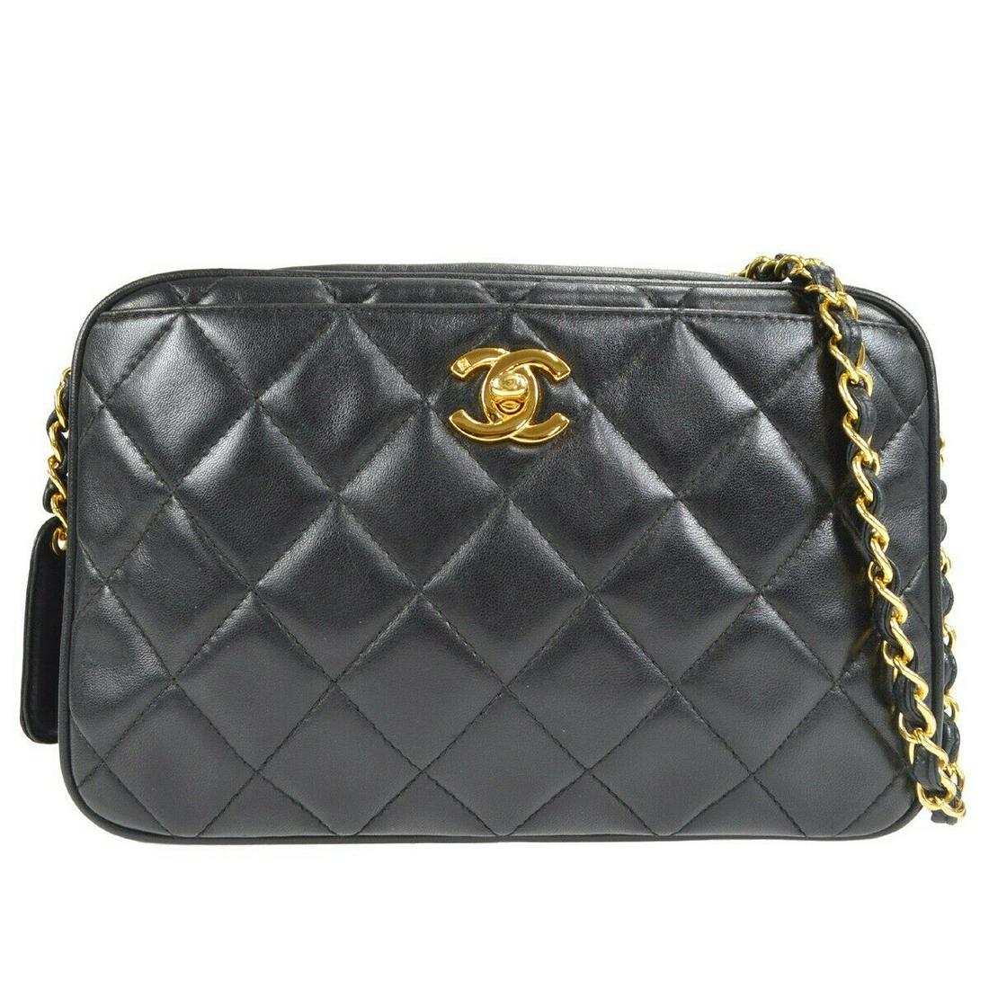 CHANEL Quilted Chain Shoulder Bag Purse Black Lambskin 3822596: CHANEL Quilted Chain Shoulder Bag Purse Black Lambskin 3822596 Bag Width: 9 in Pattern: Matelasse Bag Height: 6 in Closure: Push Lock Flap Occasion: Casual Size: Medium Handle Style: Crossbody Strap L