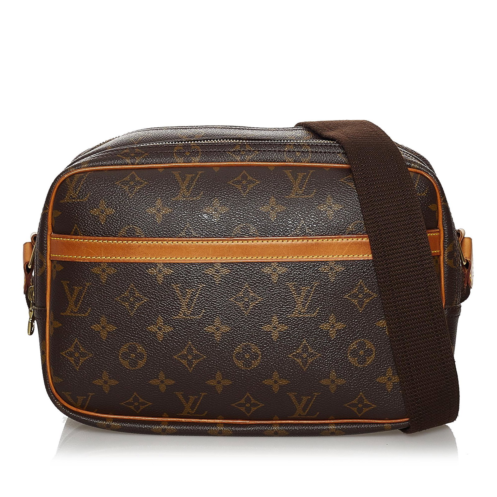 Louis Vuitton Monogram Reporter PM: Louis Vuitton Monogram Reporter PM The Reporter PM features a monogram canvas body with leather trim an exterior front slip pocket an adjustable flat strap double compartments with top zip closures an
