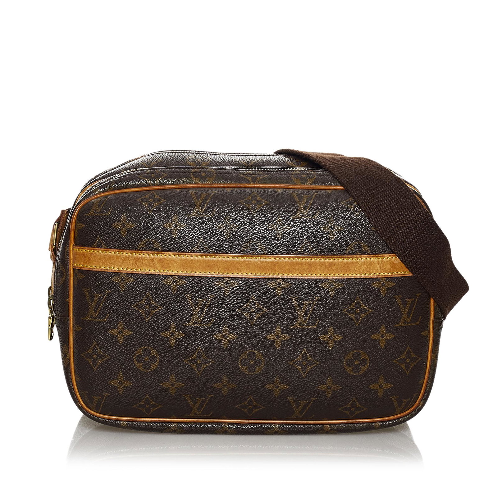 Louis Vuitton Monogram Reporter PM: Louis Vuitton Monogram Reporter PM The Reporter PM features a monogram canvas body with leather trim an exterior front slip pocket an adjustable flat strap double compartments with top zip closures an