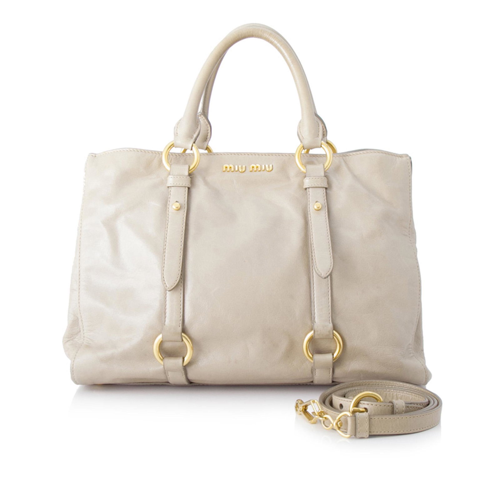 Miu Miu Vitello Shine Satchel: Miu Miu Vitello Shine Satchel This satchel features a leather body rolled leather handles a detachable flat leather strap an open top with magnetic snap button closure and an interior slip and zip poc