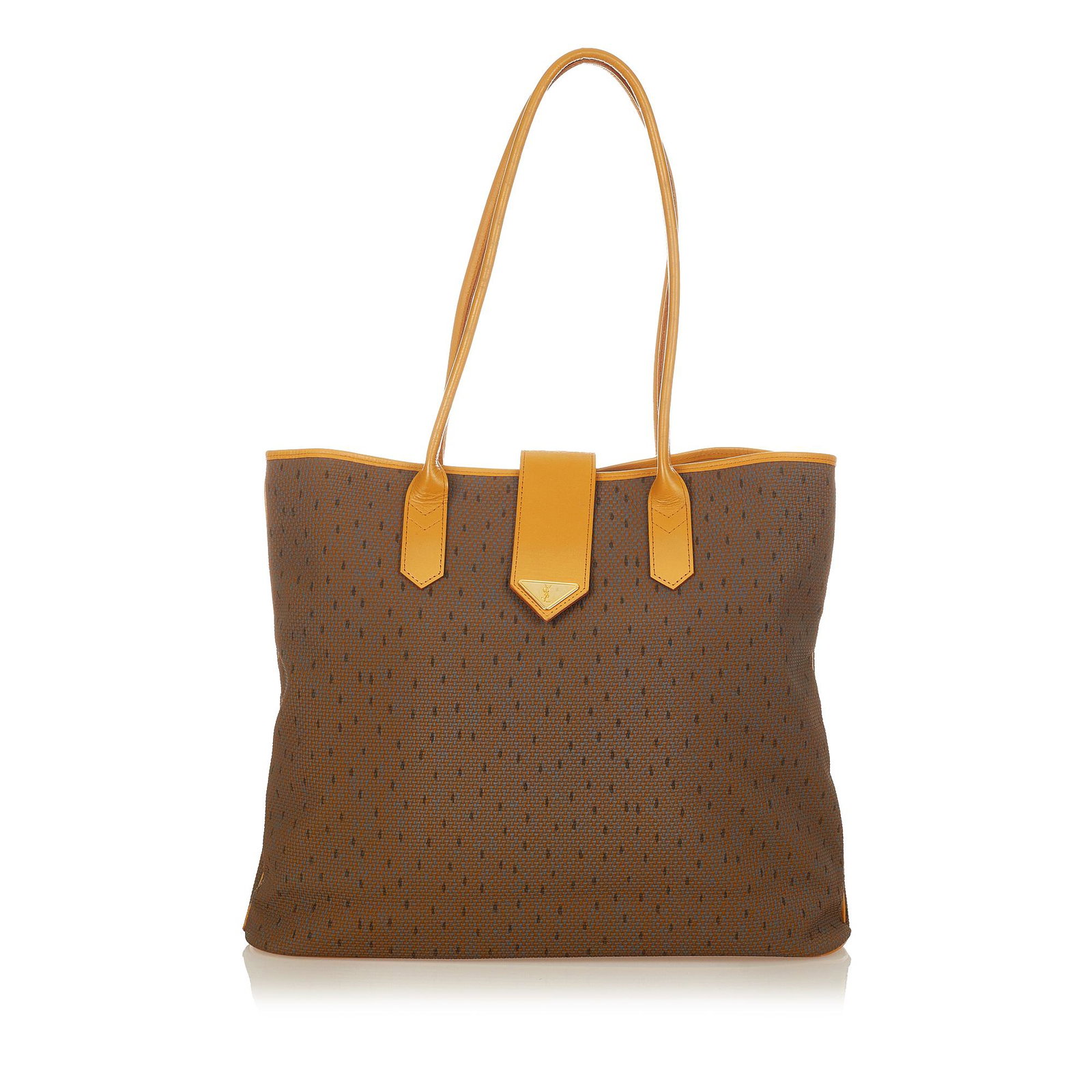 YSL Printed Tote Bag: YSL Printed Tote Bag This tote bag features a PVC body with leather trim rolled leather straps an open top with a magnetic closure and an interior zip pocket. Brand: YSL Model: Printed Tote Bag Origin