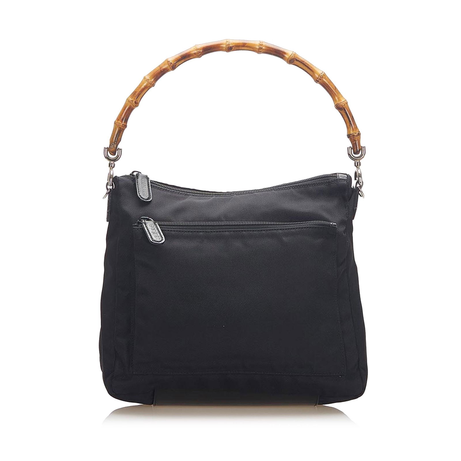 Gucci Bamboo Canvas Satchel: Gucci Bamboo Canvas Satchel This satchel features a canvas body a bamboo top handle a detachable flat leather strap an exterior front zip pocket a top zip closure and an interior zip pocket. Brand: Gu