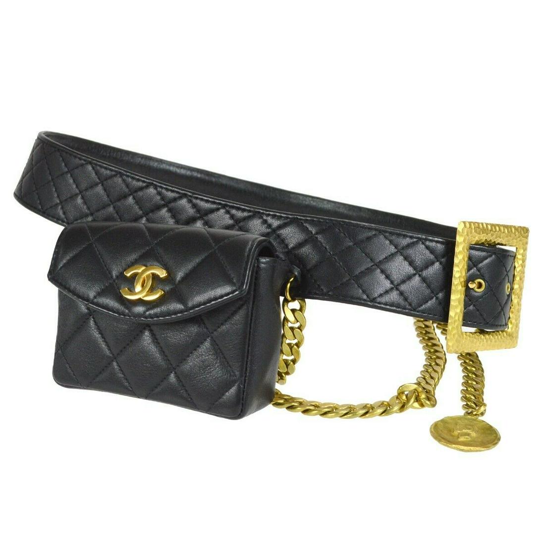 CHANEL Quilted Belt CC Logos Waist Bum Bag Black Lambskin 94A #70/30: CHANEL Quilted Belt CC Logos Waist Bum Bag Black Lambskin 94A #70/30 Bag Width: 5.5 Bag Height: 6.3 Closure: Flap Turnlock Size: Medium Color: Black Lining Material: Lambskin Bag Depth: 1.6 Exterior M