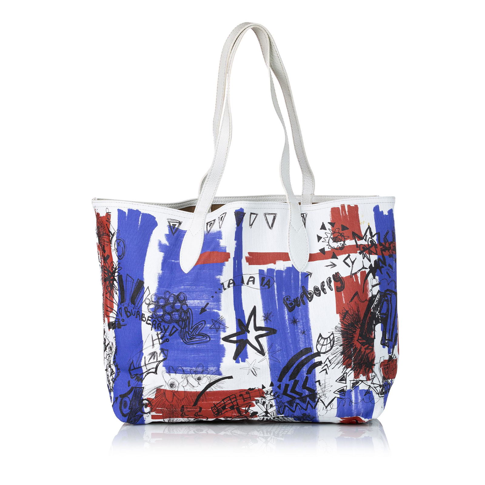 Burberry Union Jack Reversible Doodle Tote Bag: Burberry Union Jack Reversible Doodle Tote Bag This tote bag features a coated canvas body with leather trim flat leather handles and an open top. Brand: Burberry Model: Union Jack Reversible Doodle T