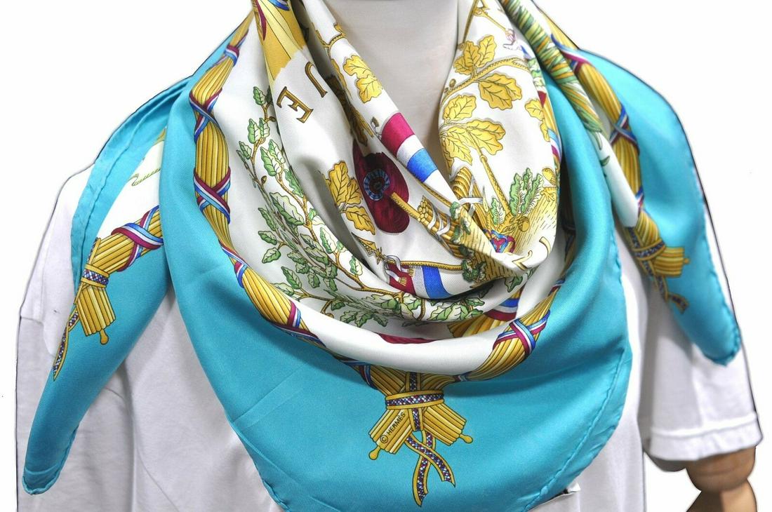 HERMES Carre 90 Scarf "1789 LIBERTE EGALITE" Silk Light Blue: HERMES Carre 90 Scarf "1789 LIBERTE EGALITE" Silk Light Blue Brand: HERMES Country/Region Of Manufacture: France Style: Scarf Type: Scarf Department: Women Material: Silk Color: Blue Size(Cm): W90 x H