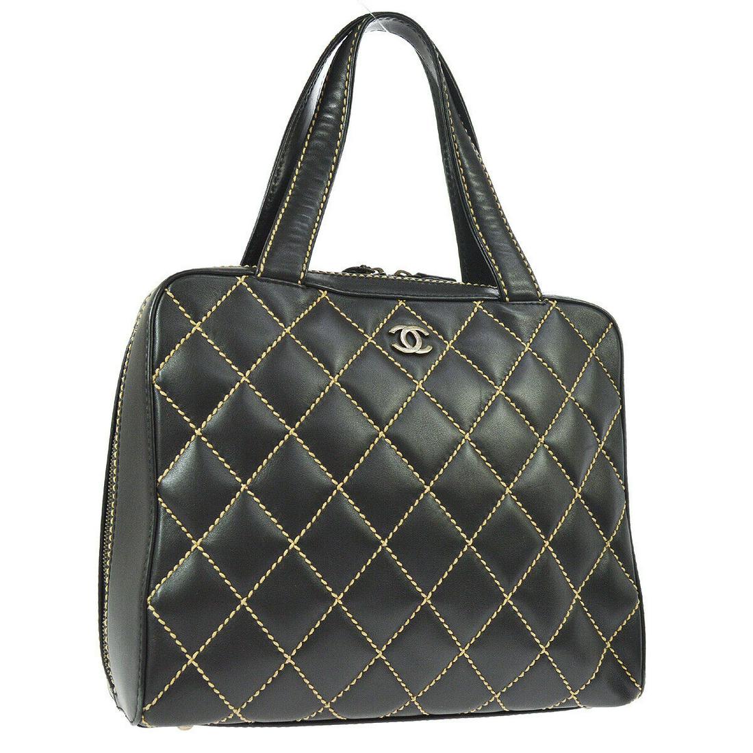 CHANEL Wild-Stitch CC Logos Hand Bag Black Calfskin Leather Vintage: CHANEL Wild-Stitch CC Logos Hand Bag Black Calfskin Leather Vintage Size: Medium Style: Hand Bag Bag Height: 9.8 Exterior Color: Black Exterior Material: Calfskin Leather Closure: Zipper Brand: CHANEL