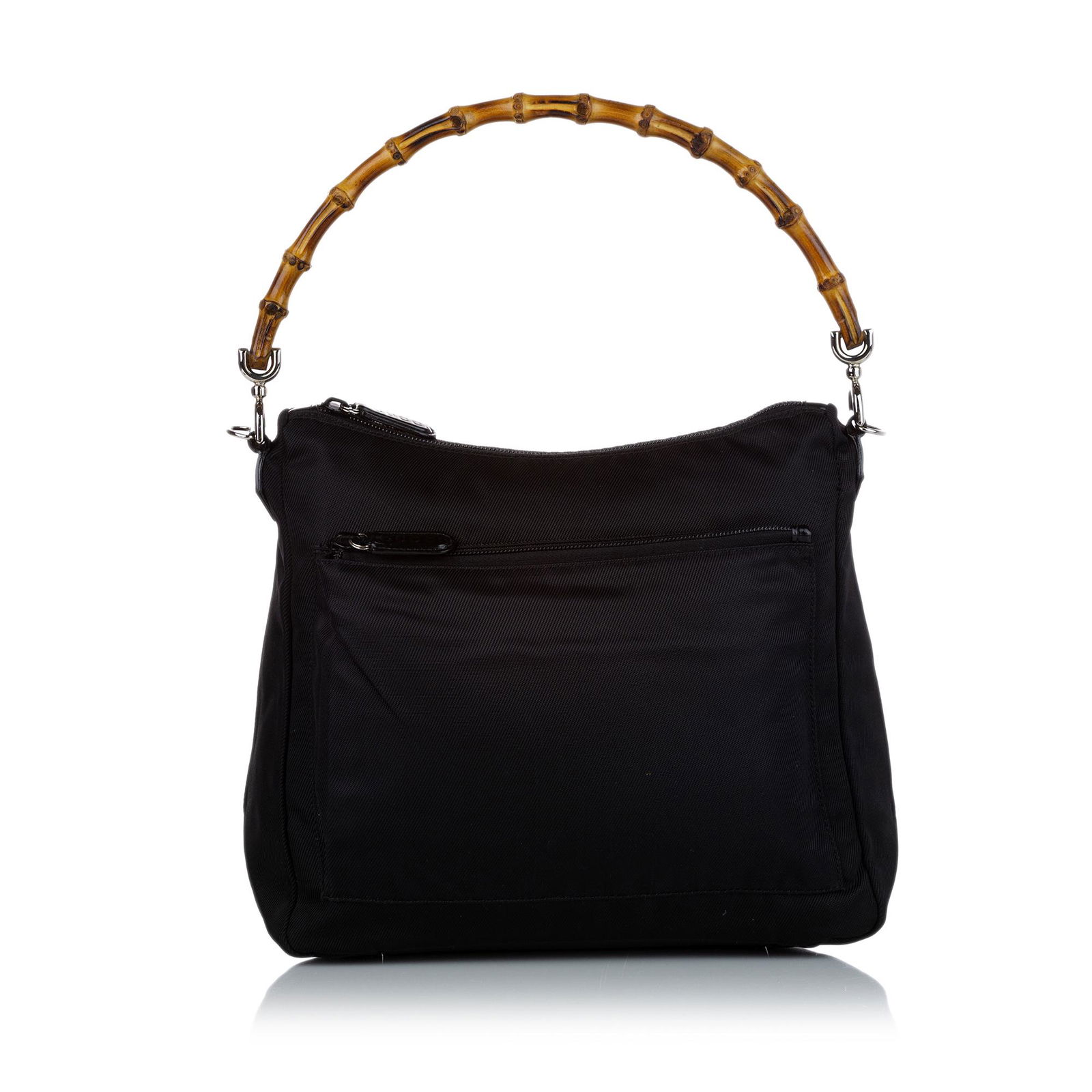 Gucci Bamboo Canvas Satchel: Gucci Bamboo Canvas Satchel This satchel features a canvas body a bamboo top handle a detachable flat leather strap an exterior front zip pocket a top zip closure and an interior zip pocket. Brand: Gu