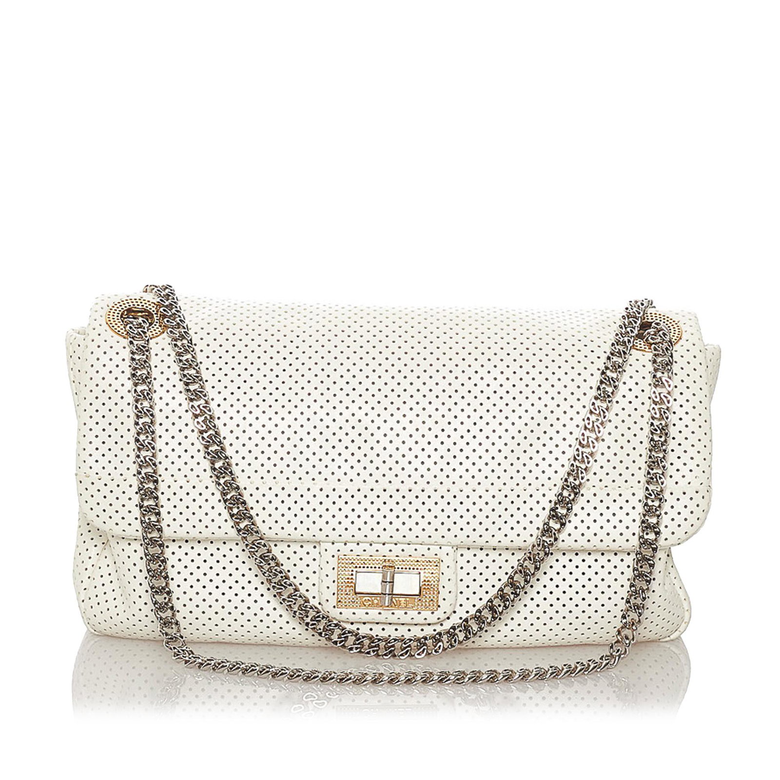 Chanel Reissue Perforated Leather Flap Bag: Chanel Reissue Perforated Leather Flap Bag This shoulder bag features a perforated leather body chain-link straps a front flap with a twist lock closure and interior zip and slip pockets. Brand: Chane