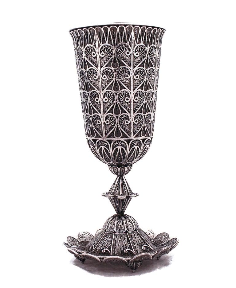 Sterling Kiddush Cup & Plate: Sterling Kiddush Cup & Plate Dimensions: Height: 6 in. (15.24 cm) Dimensions: Width: 3 in. (7.62 cm) Dimensions: Depth: 3 in. (7.62 cm) Materials and Techniques: Sterling Silver Place of Origin: Israe