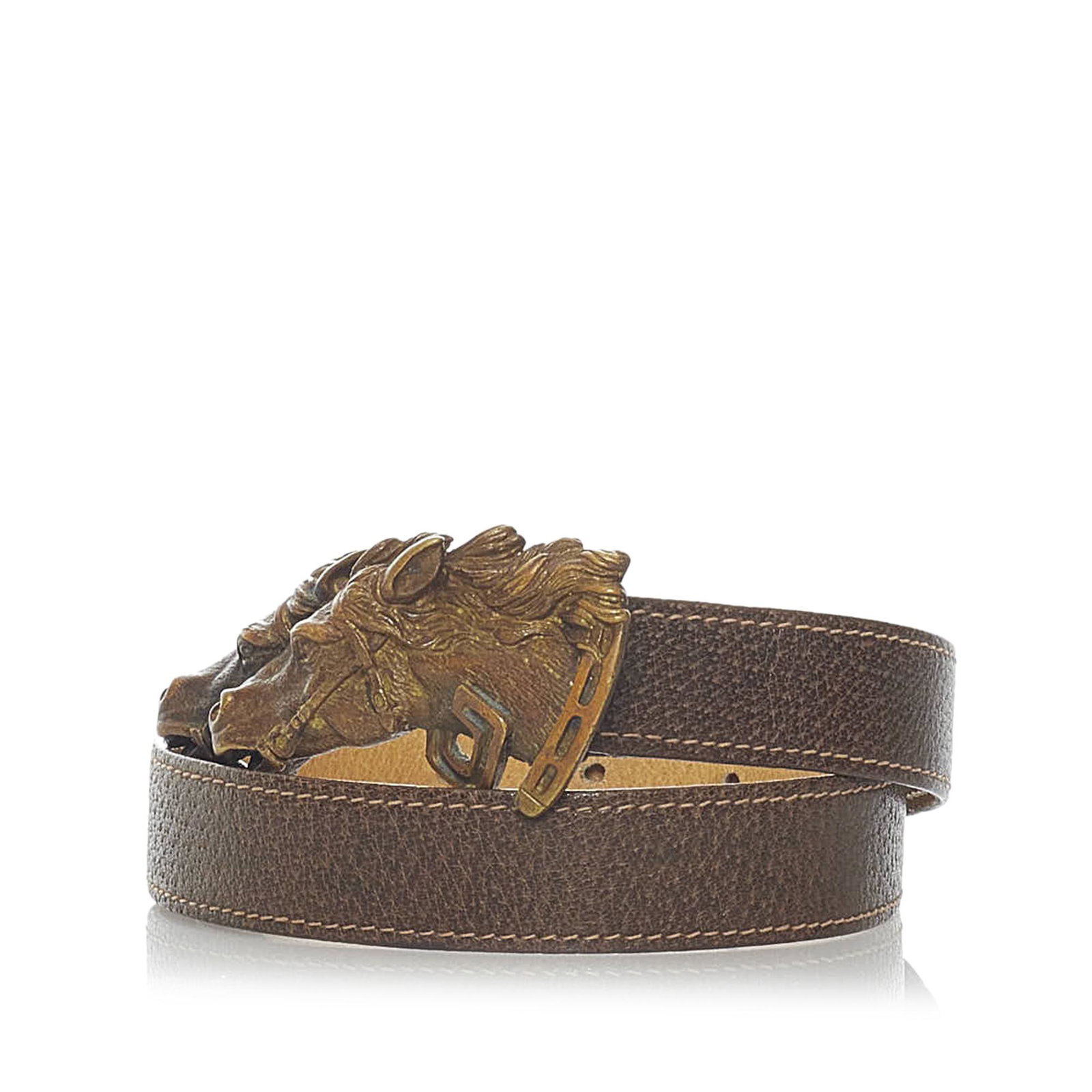 Gucci Horse Buckle Leather Belt: Gucci Horse Buckle Leather Belt This belt features a leather body and a gold-tone buckle closure. Brand: Gucci Model: Horse Buckle Leather Belt Origin: Italy Category: Accessories Color: Brown Style: 