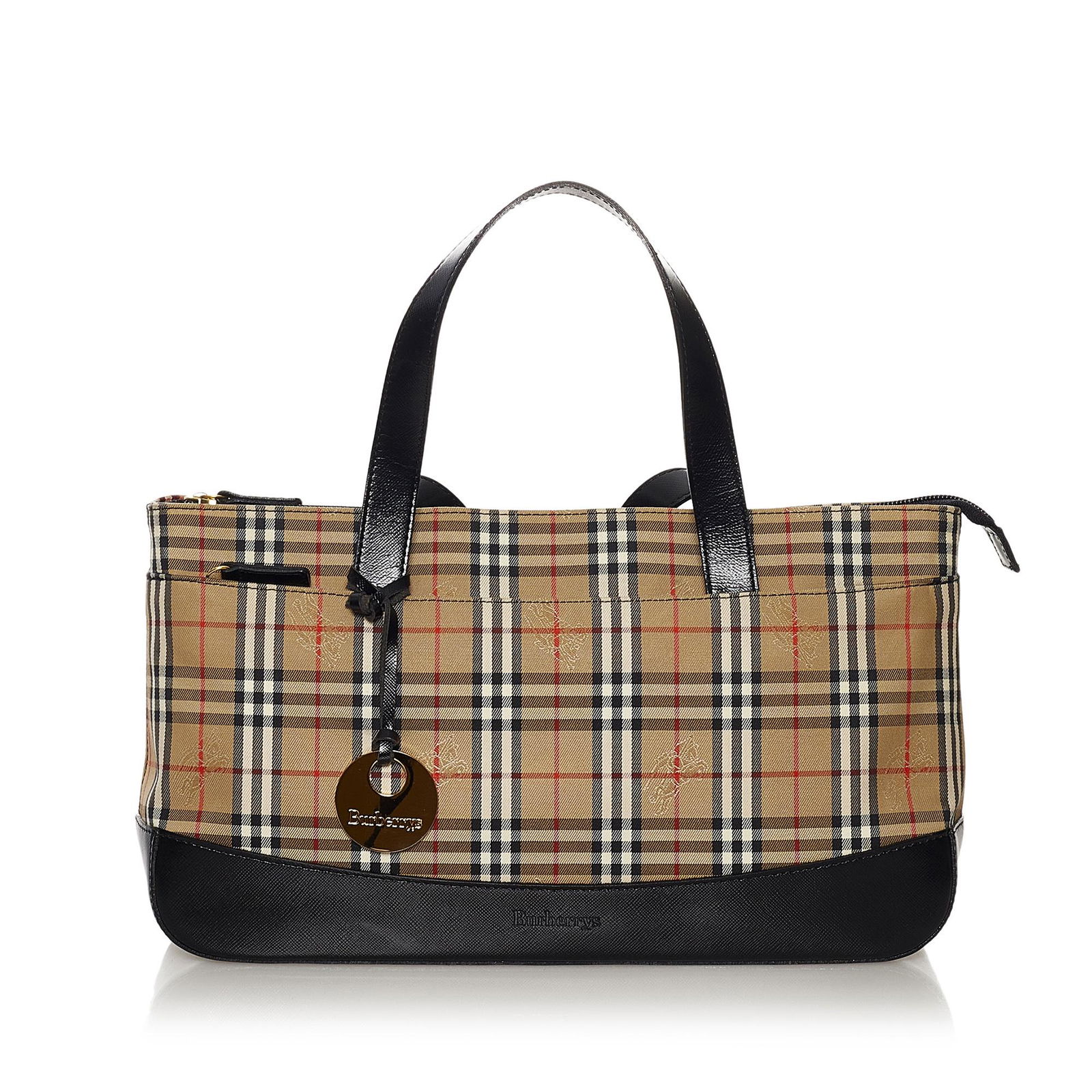 Burberry Haymarket Check Canvas Handbag: Burberry Haymarket Check Canvas Handbag This shoulder bag features a canvas body with leather trim flat leather straps a top zip closure and interior zip and slip pockets. Brand: Burberry Model: Hayma