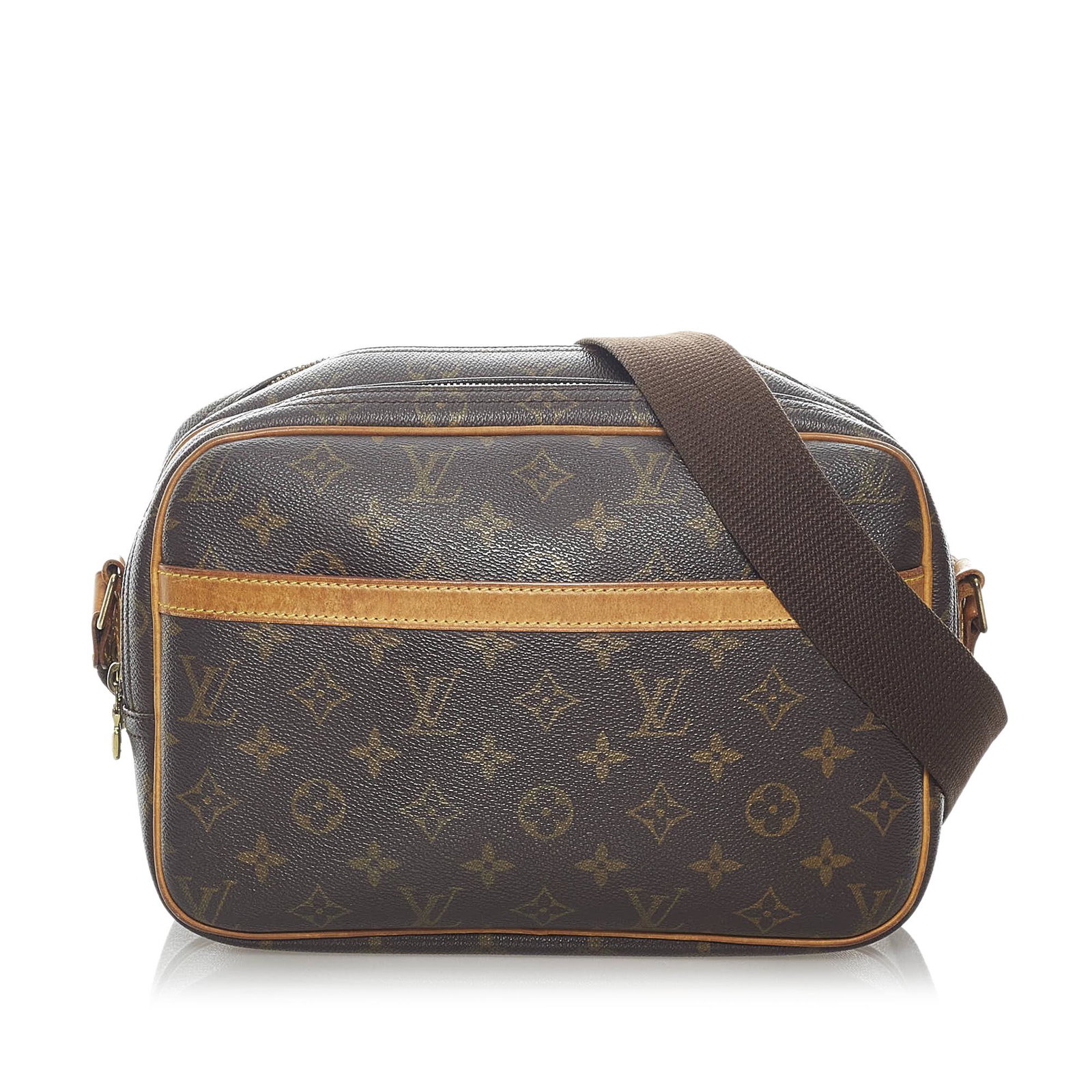 Louis Vuitton Monogram Reporter PM: Louis Vuitton Monogram Reporter PM The Reporter PM features a monogram canvas body with leather trim an exterior front slip pocket an adjustable flat strap double compartments with top zip closures an