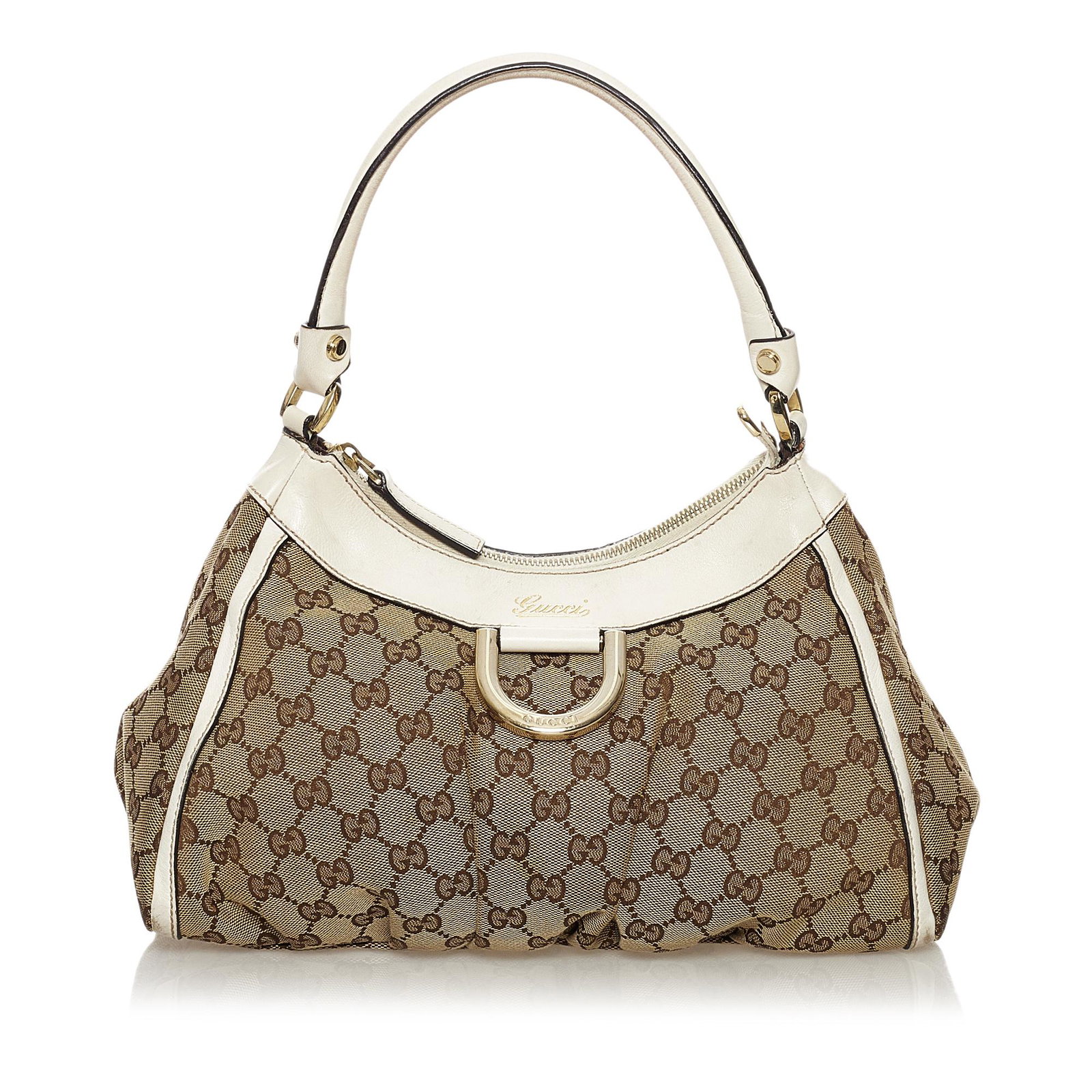 Gucci GG Canvas Abbey D-Ring Shoulder Bag: Gucci GG Canvas Abbey D-Ring Shoulder Bag The Abbey D-Ring shoulder bag features a canvas body with leather trim a rolled leather strap a top zip closure and an interior zip and slip pockets. Brand: G