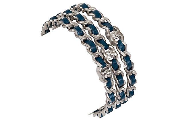 Chanel Silver & Blue Bangles S/3: Chanel Silver & Blue Bangles S/3 Condition: Excellent Era: Contemporary; 2000s Dimensions: 9.5" L x 2" W Materials: metal/leather Color: silver/blue Set of three Chanel silver chain bangles with blue 
