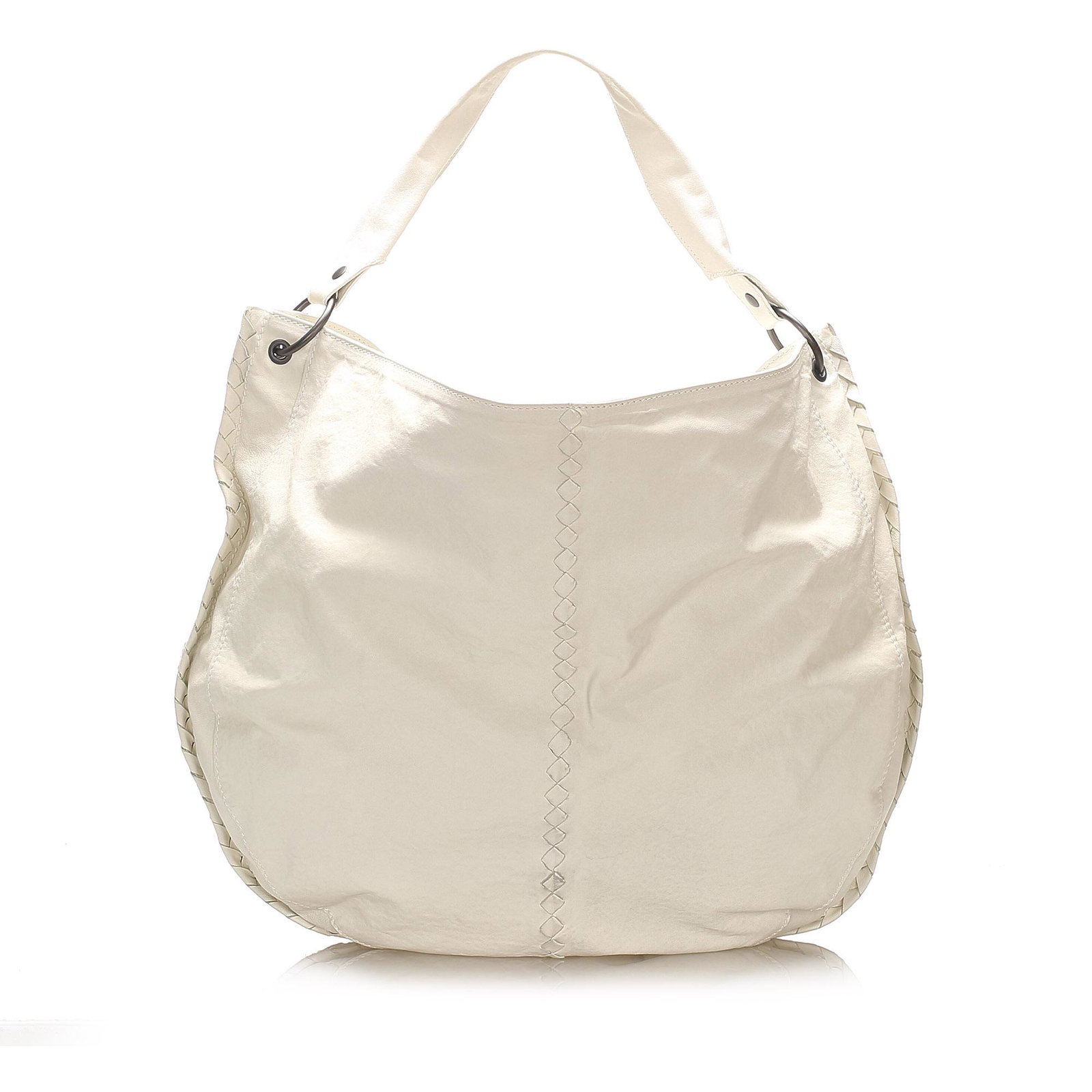 Bottega Veneta Leather Hobo Bag: Bottega Veneta Leather Hobo Bag This handbag features a leather body with woven trim a flat leather strap an open top with magnetic snap button closure and interior zip and slip pockets. Brand: Botteg