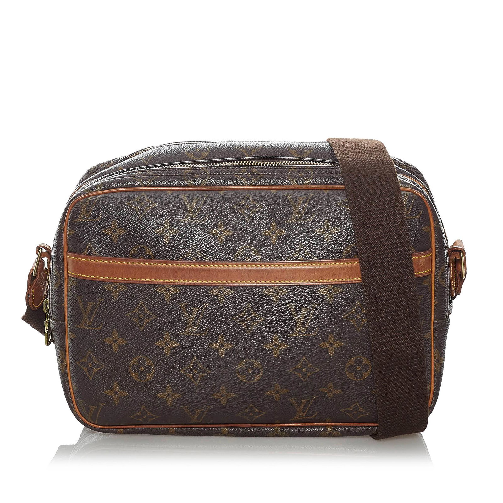 Louis Vuitton Monogram Reporter PM: Louis Vuitton Monogram Reporter PM The Reporter PM features a monogram canvas body with leather trim an exterior front slip pocket an adjustable flat strap double compartments with top zip closures an