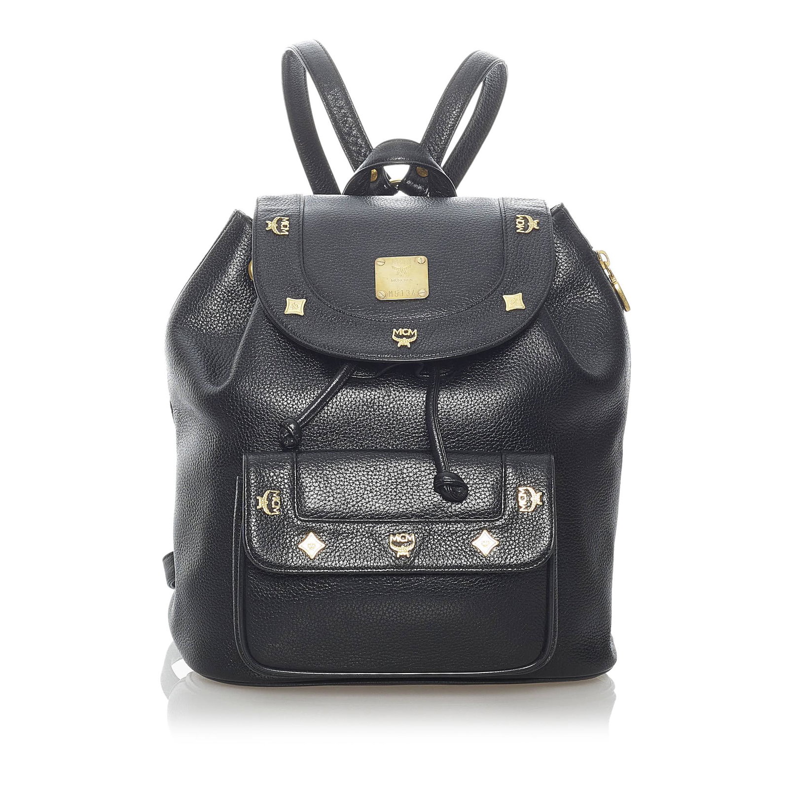 MCM Leather Drawstring Backpack: MCM Leather Drawstring Backpack This backpack features a leather body a flat top handle flat back straps a top flap a drawstring closure an exterior zip pocket and an interior zip pocket. Brand: MCM M