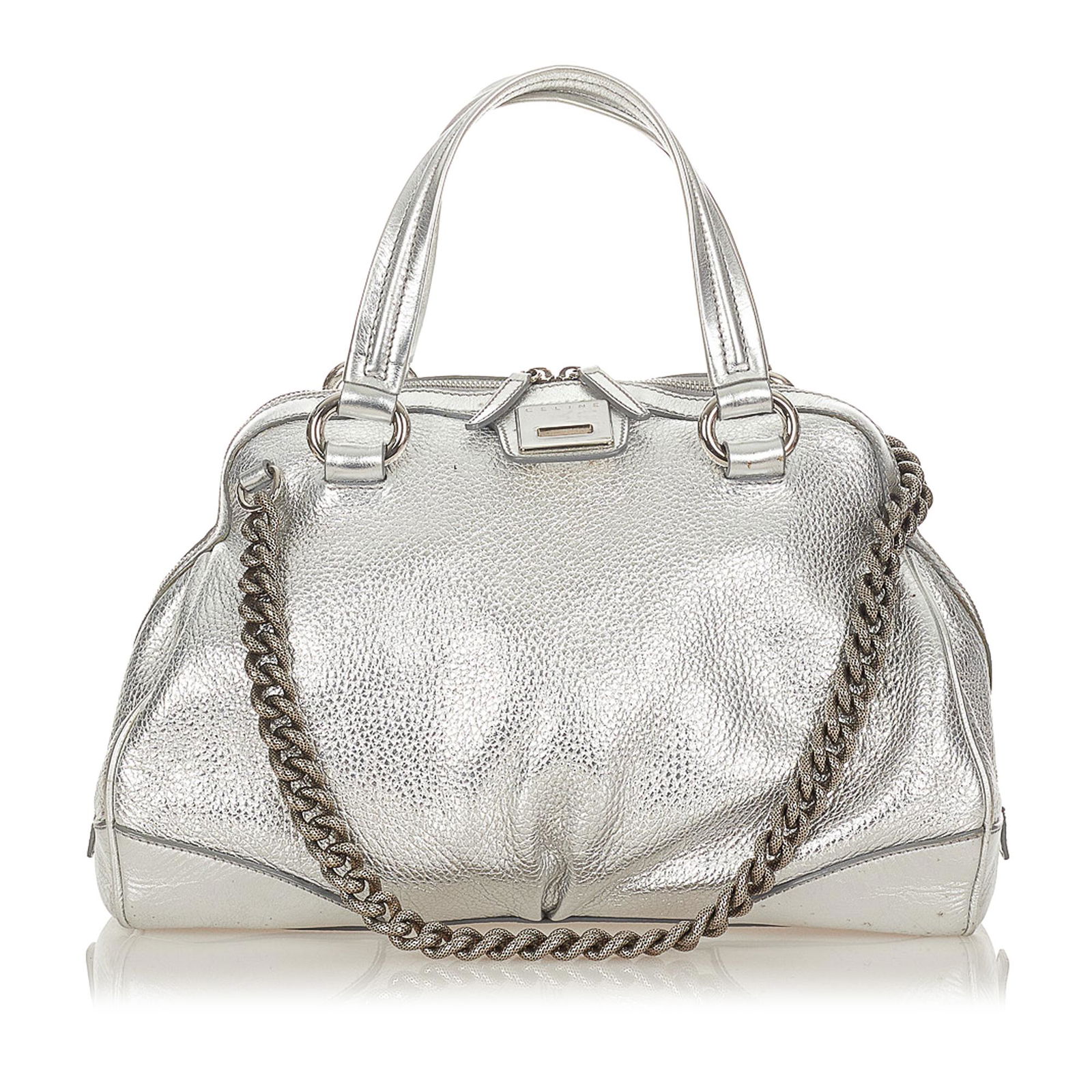 Celine Leather Handbag: Celine Leather Handbag This handbag features a leather body flat leather handles a top zip closure and an interior zip pocket. Brand: Celine Model: Leather Handbag Origin: France Category: Bags Color: