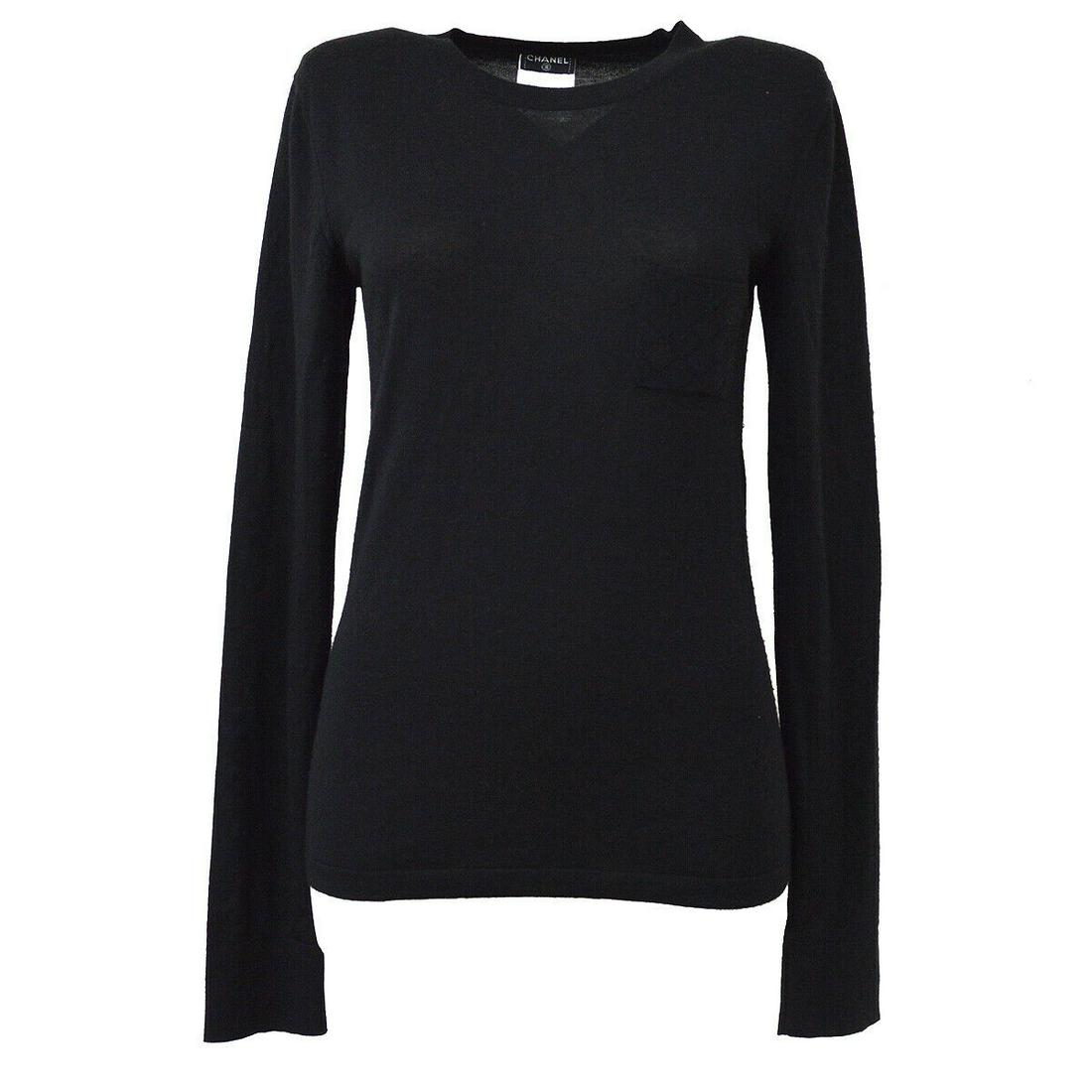 CHANEL 05A #38 Round Neck Long Sleeve Knit Tops Shirt Black Cashmere: CHANEL 05A #38 Round Neck Long Sleeve Knit Tops Shirt Black Cashmere Size: 38 Accents: Logo Style: Knit Top Season: Fall Spring Winter Product Line: Knit Top Material: 70% Cashmere 30% Silk Fit: Regul