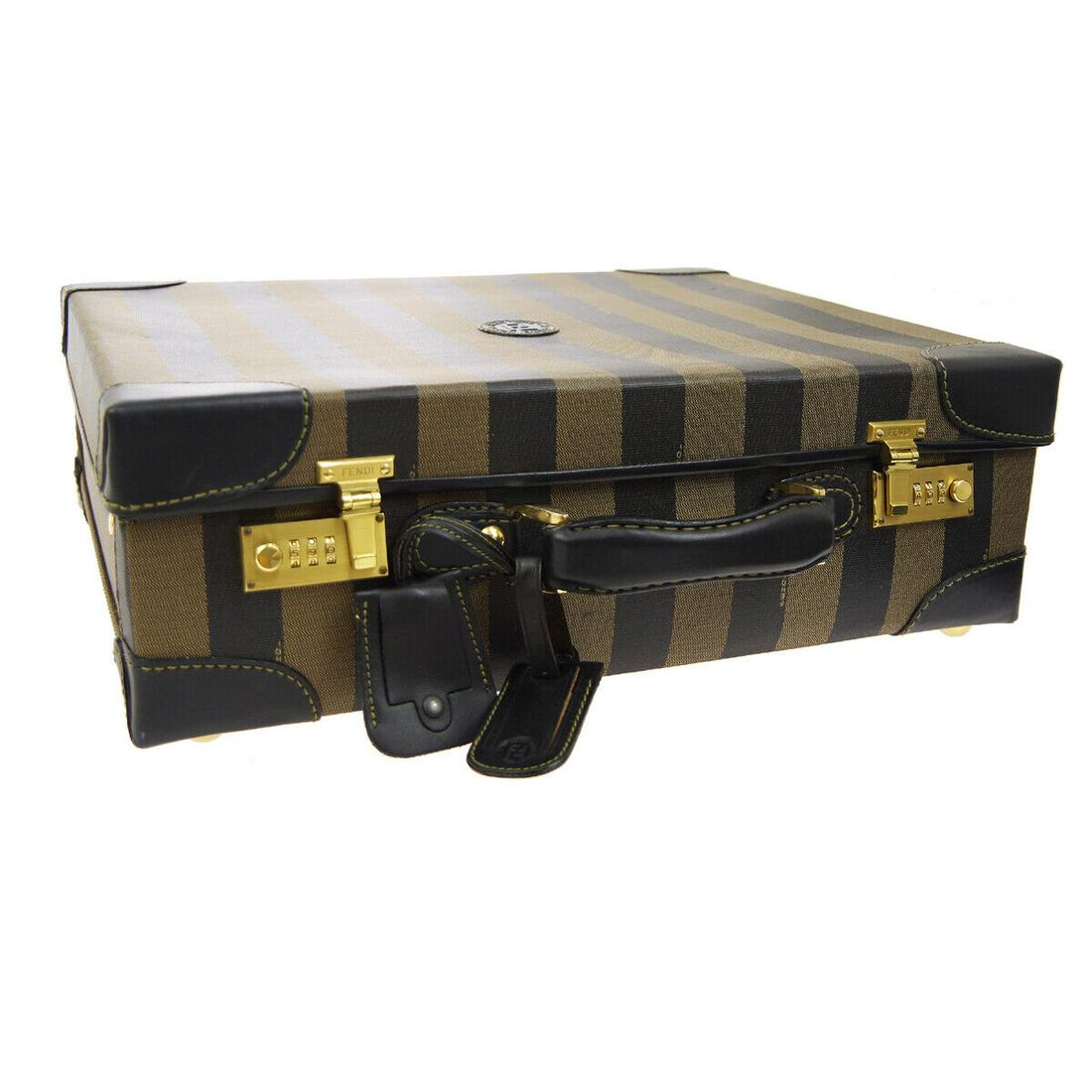 FENDI Pequin Pattern Trunk Hard Case Brown Black Leather Vintage Italy: FENDI Pequin Pattern Trunk Hard Case Brown Black Leather Vintage Italy Size: Large Accents: Studs Logo Model: Trunk Style: Trunk Bag Height: 5.9 Product Line: Pequin Exterior Material: Leather Pattern