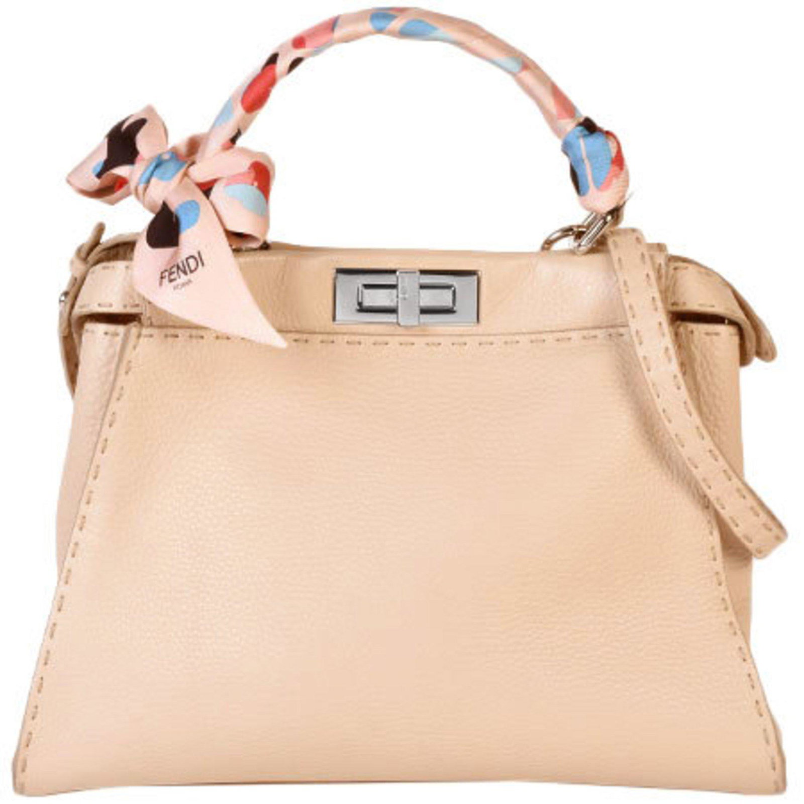 FENDI Peek-A-Boo Medium Celeria Handbag 2WAY with Strap Leather Beige 8BN290: FENDI Peek-A-Boo Medium Celeria Handbag 2WAY with Strap Leather Beige 8BN290 Brand: Fendi Line: Peekaboo Type: Handbag Material: Leather Leather: Color: Beige Closure: Turn lock Size (HxWxD): 25cm x 3