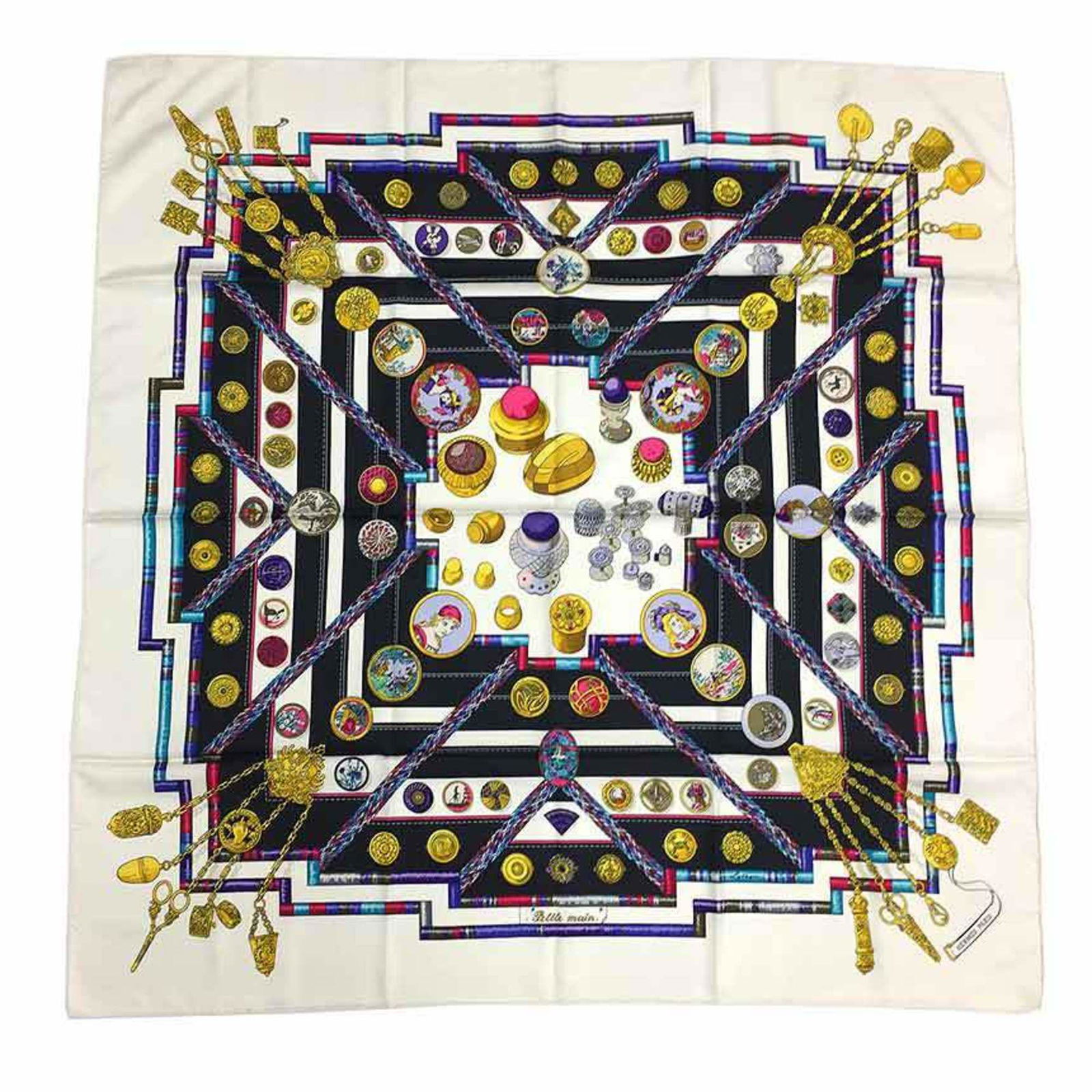 HERMES Hermes Carre 90 Scarf Muffler petite main Seamstress Sewing Tool Silk 100% White Multicolor: HERMES Hermes Carre 90 Scarf Muffler petite main Seamstress Sewing Tool Silk 100% White Multicolor Brand: Hermes Type: Scarf Color: Multi-color White Material: Silk100% Silk: 100% Size (LxW): 90cm x 9