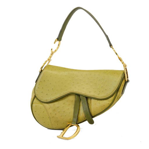 Christian Dior Shoulder Bag Saddle Bag Leather Green Gold Metal