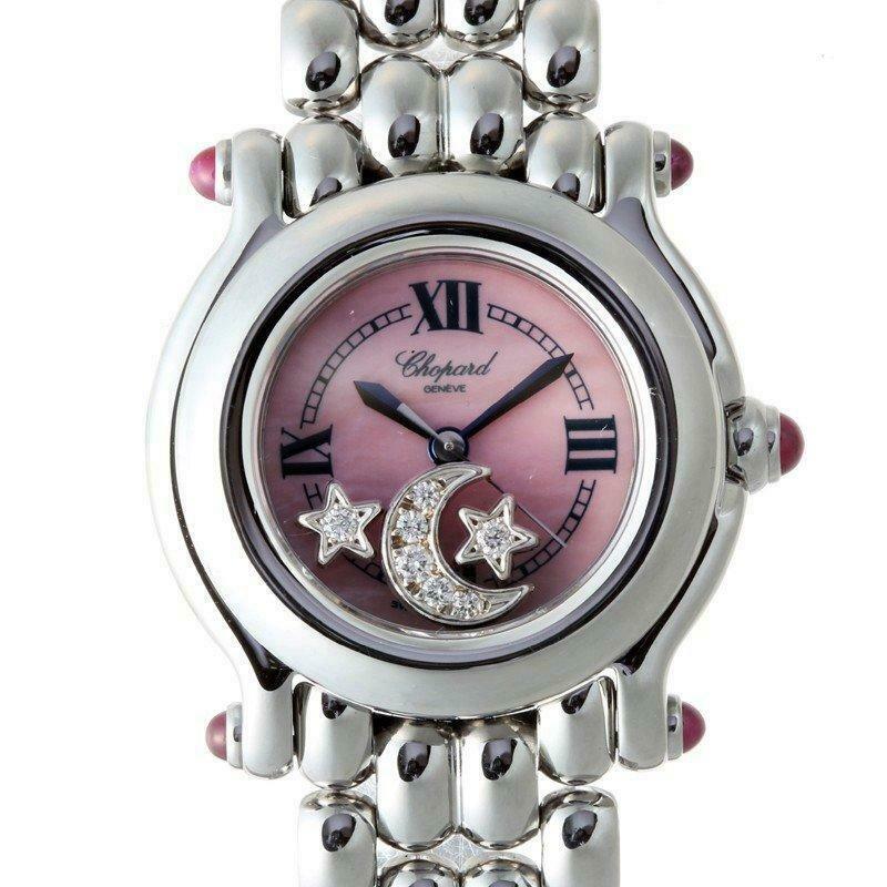 Chopard Happy Sports Star & Moon Diamond 27 / 8250-21 SS Pink Shell Dial: Chopard Happy Sports Star & Moon Diamond 27 / 8250-21 SS Pink Shell Dial Brand: CHOPARD Type: Wristwatch Pre-Owned The BIDHAUS Guarantee: All items in this auction are guaranteed to be 100% authentic.
