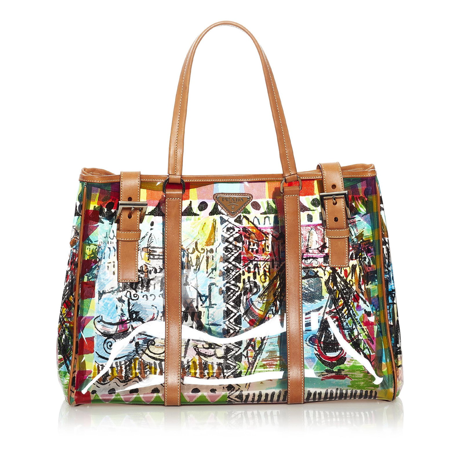 Prada Printed Vinyl Tote Bag: Prada Printed Vinyl Tote Bag This tote bag features a printed vinyl body with leather trim flat leather handles and an open top. Brand: Prada Model: Printed Vinyl Tote Bag Origin: Italy Category: Bags
