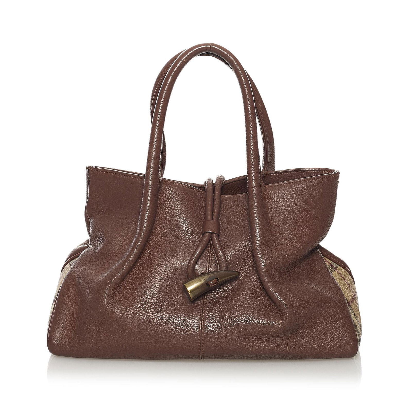 Burberry Leather Handbag: Burberry Leather Handbag This handbag features a leather body rolled leather handles an open top with a toggle closure and interior zip and slip pockets. Brand: Burberry Model: Leather Handbag Origin: