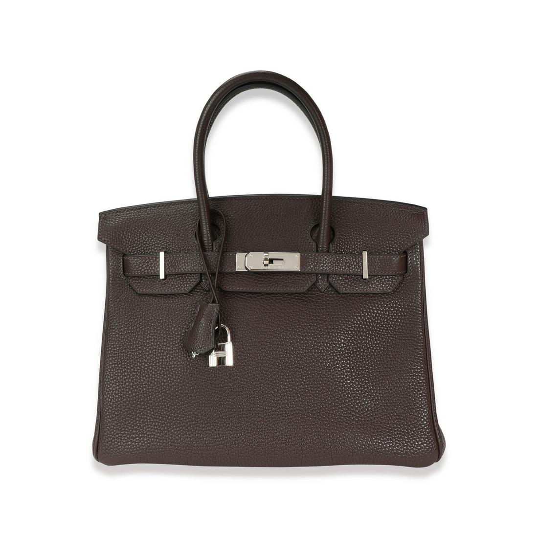 Hermes Chocolat Togo Birkin 30 PHW: Hermes Chocolat Togo Birkin 30 PHW Dimensions: 11.5 x 8.5 x 6 Handbag Accessories: Box;Clochette;Dustbag;Lock;Raincoat;Gift Ribbon;Key Bag Length: 11.5 in Bag Depth: 6 in Bag Height: 8.5 in Style: Top