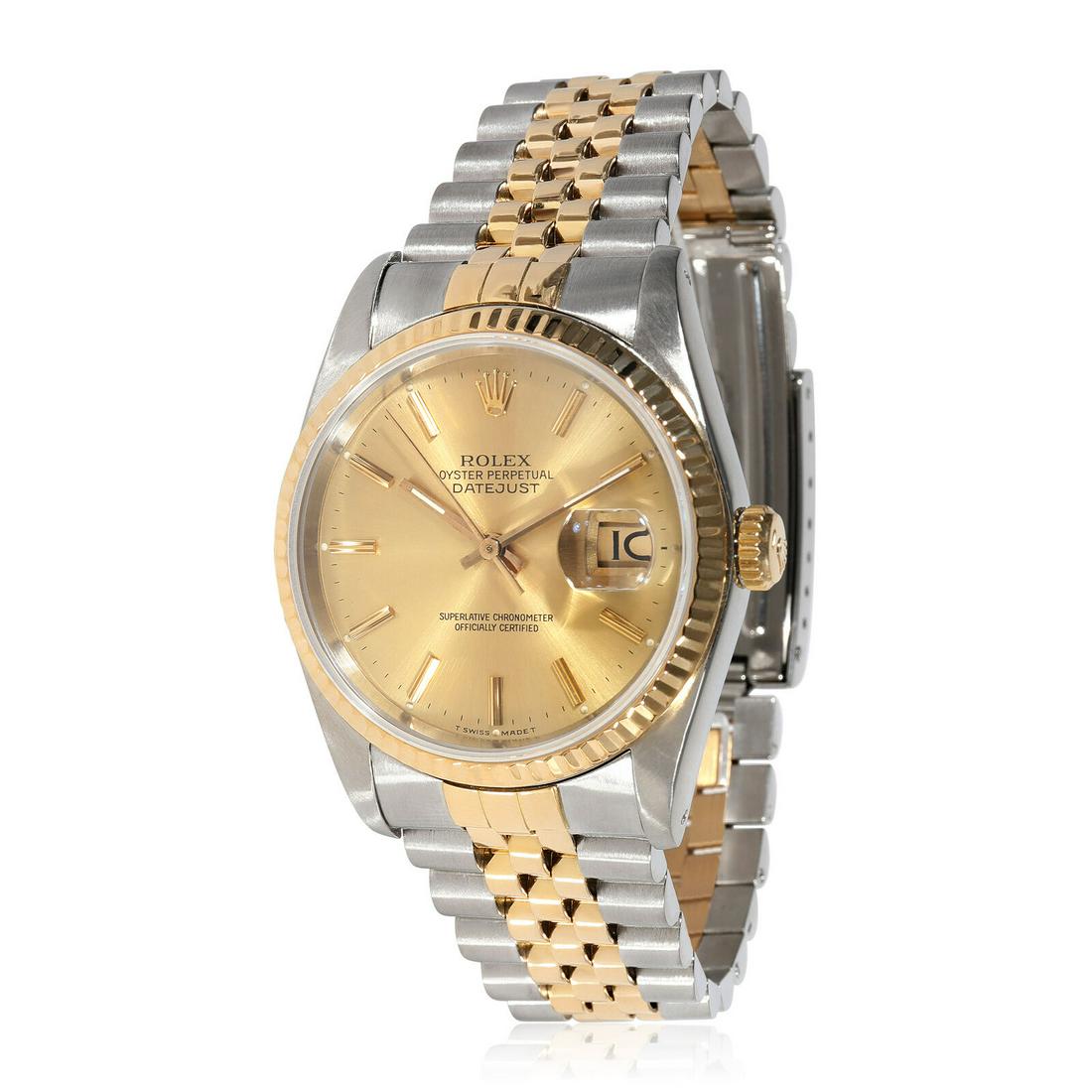 Rolex Datejust 16233 Mens Watch in 18kt Stainless Steel/Yellow Gold: Rolex Datejust 16233 Mens Watch in 18kt Stainless Steel/Yellow Gold Case Height (Mm): 11 Bezel Type: Fluted Case Size: 36 Crystal: Sapphire Clasp/Buckle Type: Flip Band Length (Inches): 7.50 Indices: