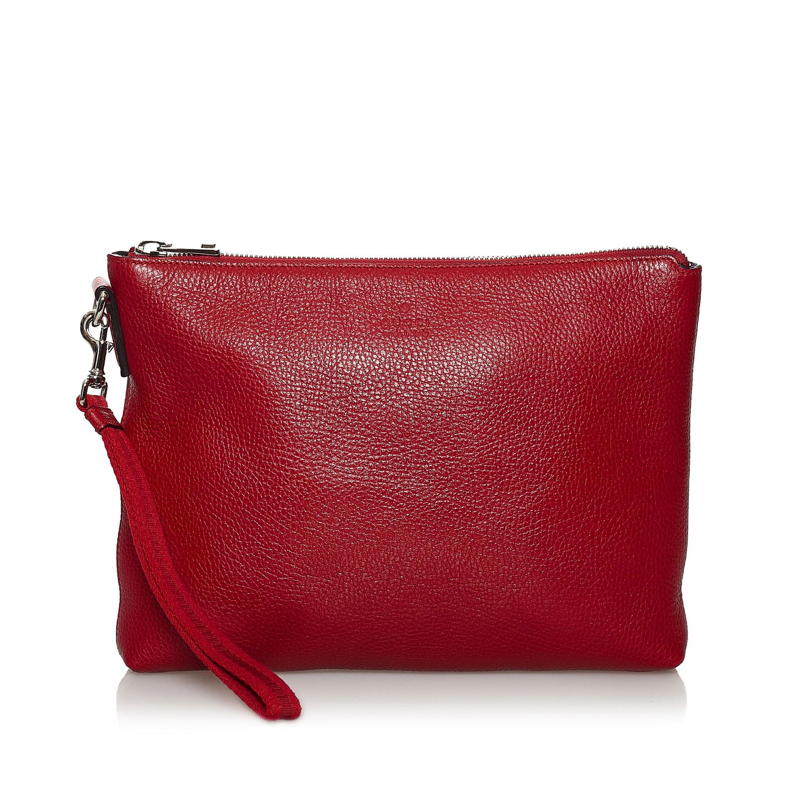 Gucci Leather Clutch Bag: Gucci Leather Clutch Bag The clutch bag features a leather body a flat leather wrist strap and a top zip closure. Brand: Gucci Model: Leather Clutch Bag Origin: Italy Category: Bags Color: Red Style: