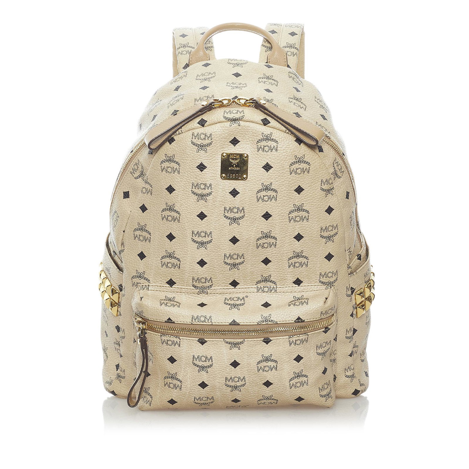 MCM Visetos Stark Leather Backpack: MCM Visetos Stark Leather Backpack The Stark backpack features a studded leather body an exterior front zip pocket exterior side slip pockets a flat leather top handle flat back straps a top zip closu