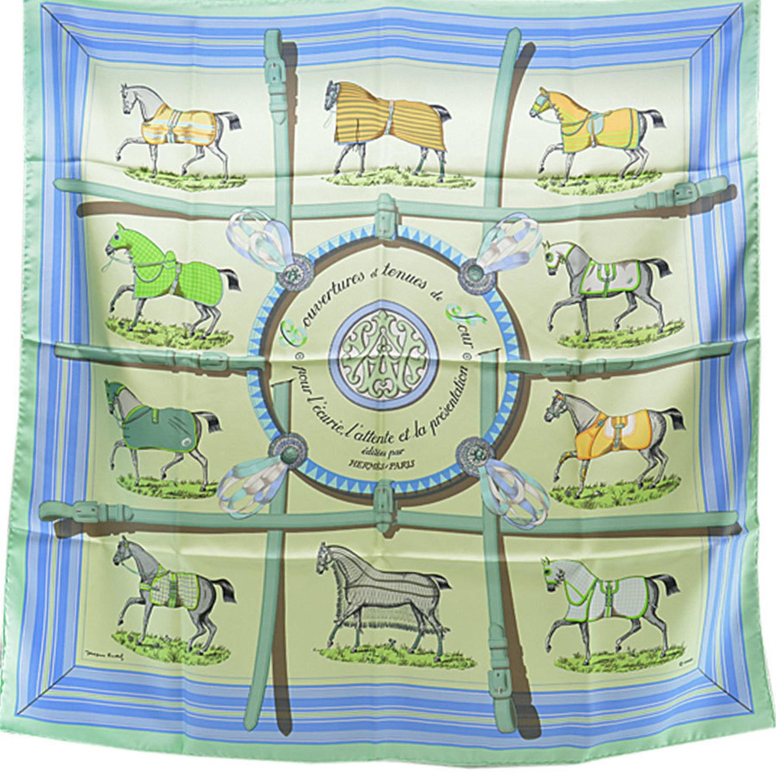 Hermes HERMES Scarf Carre 90 editees par Racehorse Green Blue Multi Silk Ladies: Hermes HERMES Scarf Carre 90 editees par Racehorse Green Blue Multi Silk Ladies Brand: Hermes Country of Origin: France Type: Scarf Gender: Women Color: Blue Green Multi-color Material: Silk100% Silk: