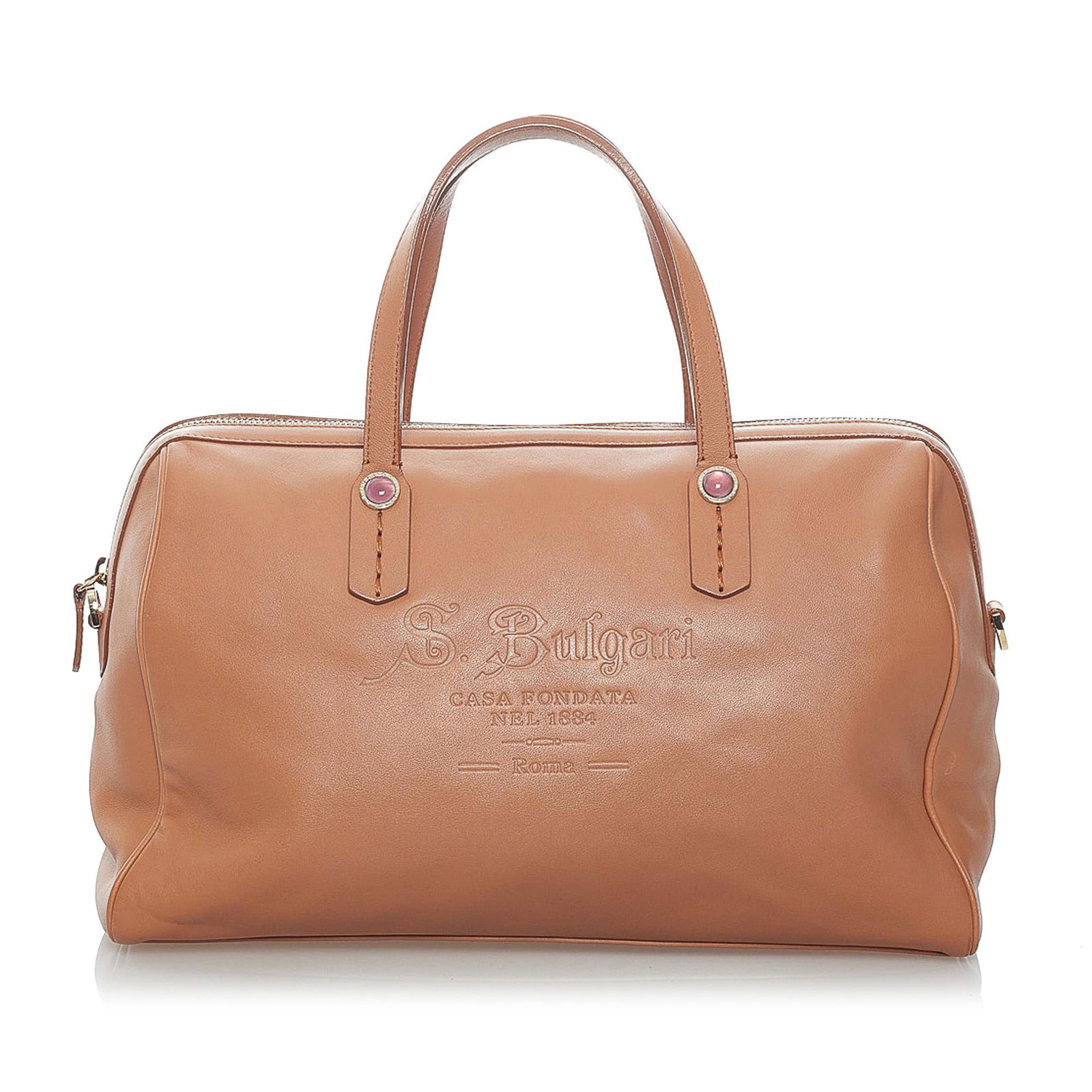 Bvlgari Leather Boston Bag: Bvlgari Leather Boston Bag This satchel features a leather body rolled top handles a flat leather strap a top zip closure and an interior slip pocket. Brand: Bvlgari Model: Leather Boston Bag Origin: