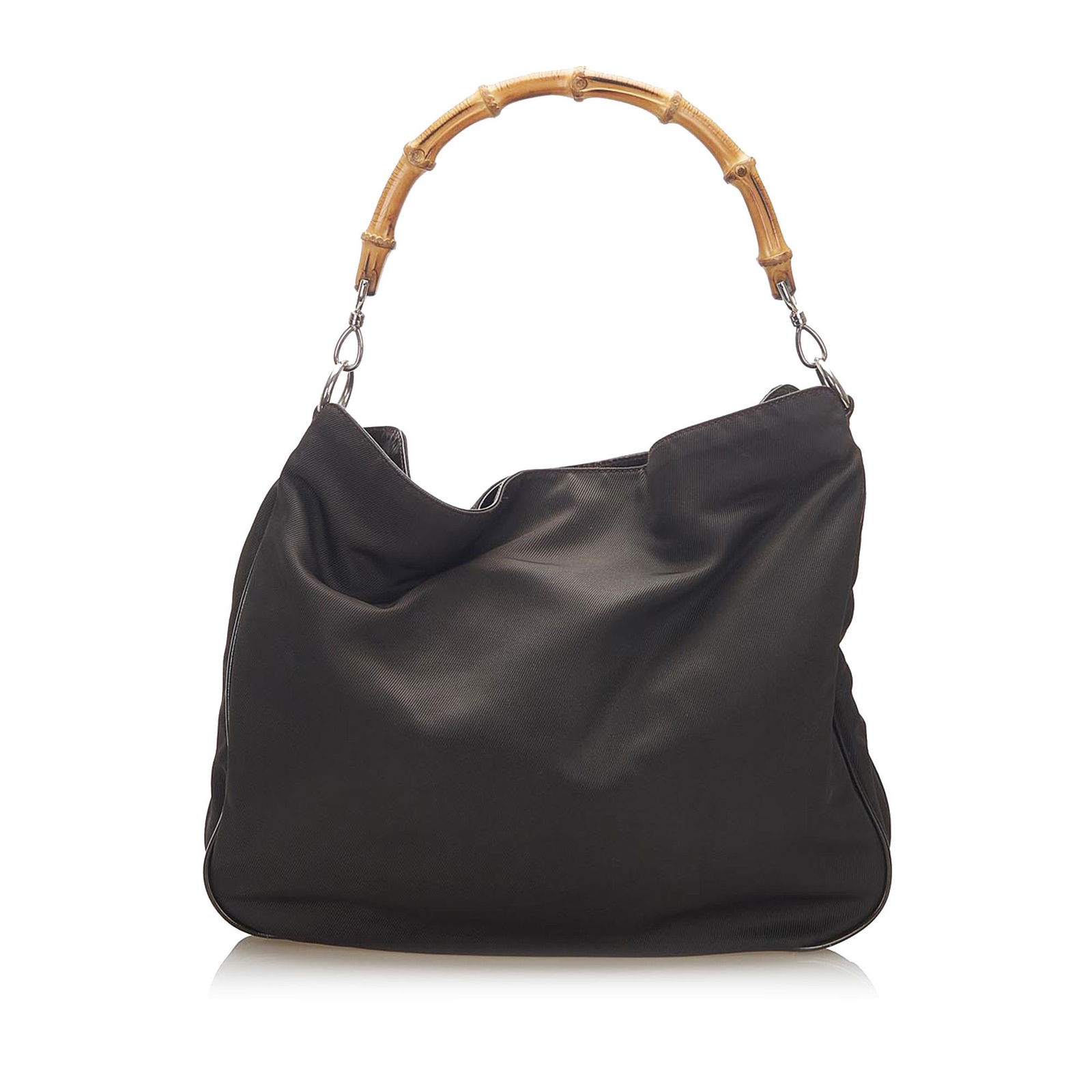 Gucci Bamboo Nylon Satchel: Gucci Bamboo Nylon Satchel This satchel features a nylon body a bamboo top handle a flat leather strap an open top with a magnetic clasp closure and an interior zip pocket. Brand: Gucci Model: Bamboo