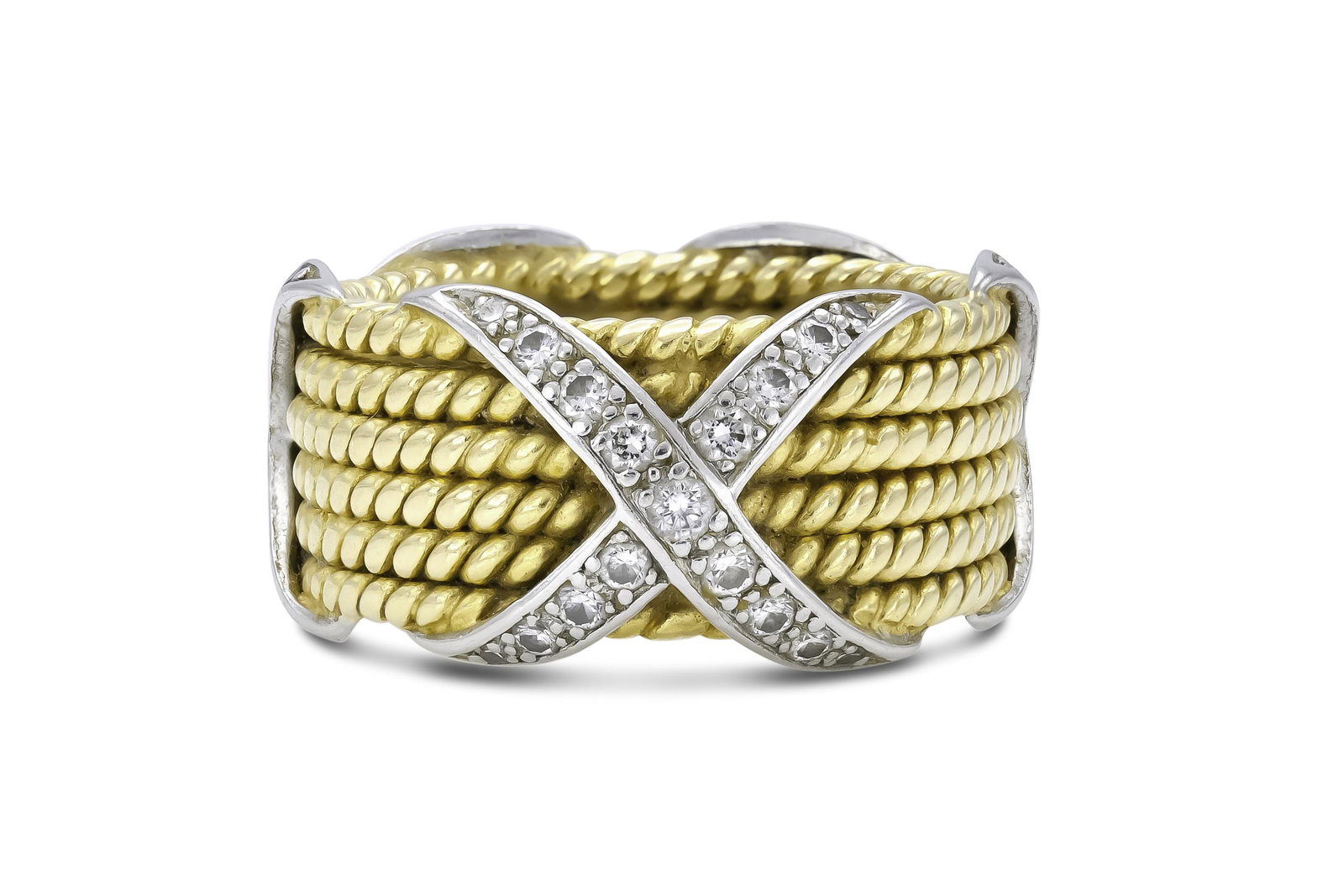 Tiffany & Co. Schlumberger 6 Row Cable X Ring with Diamonds: Tiffany & Co. Schlumberger 6 Row Cable X Ring with Diamonds Finely crafted in 18k yellow and white gold with round brilliant cut diamonds.Signed by Tiffany & Co. and Jean SchlumbergerSize 6 The BIDHAU