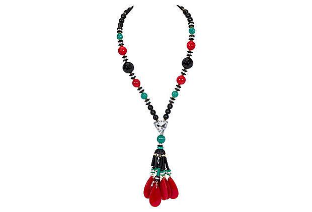 Vrba Deco Tassel Necklace: Vrba Deco Tassel Necklace Condition: Excellent Era: Contemporary Dimensions: 19" L x 2.5" W Materials: resin/glass/rhodium Color: black/red/green Vrba Art Deco-inspired resin tassel necklace. Detailed