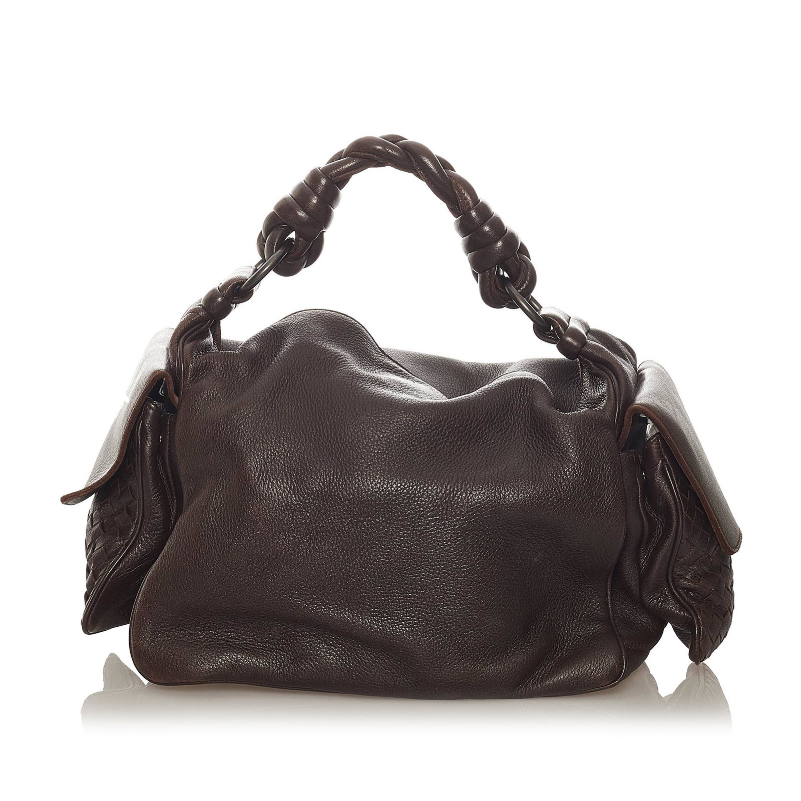 Bottega Veneta Intrecciato Leather Handbag: Bottega Veneta Intrecciato Leather Handbag This shoulder bag features a leather body a braided leather strap woven leather side flap pockets an open top and an interior zip pocket. Brand: Bottega Vene