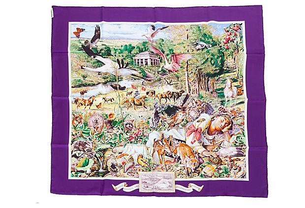 Hermes Limited Edition Madison Ave Scarf: Hermes Limited Edition Madison Ave Scarf Condition: Excellent Era: Contemporary Dimensions: 35" L x 35" W Materials: silk twill Color: purple/multi Hermes limited edition Madison Ave scarf designed by