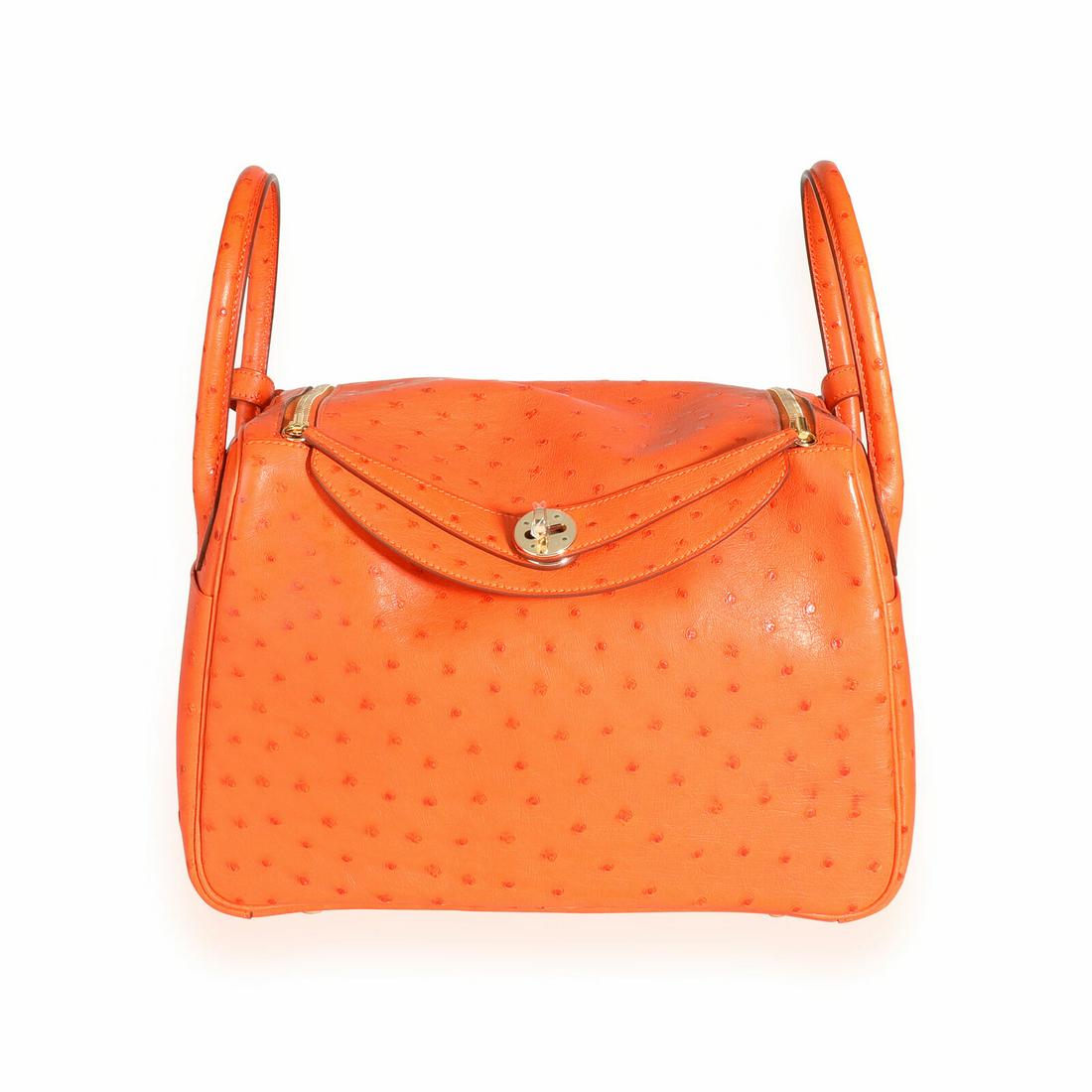 Hermes Tangerine Ostrich Lindy 30 GHW: Hermes Tangerine Ostrich Lindy 30 GHW Dimensions: 11.5 x 9 x 6 Handbag Accessories: Dustbag Bag Length: 11.5 in Bag Depth: 6 in Bag Height: 9 in Style: Shoulder Bag;Top Handle Material: Exotic Color: