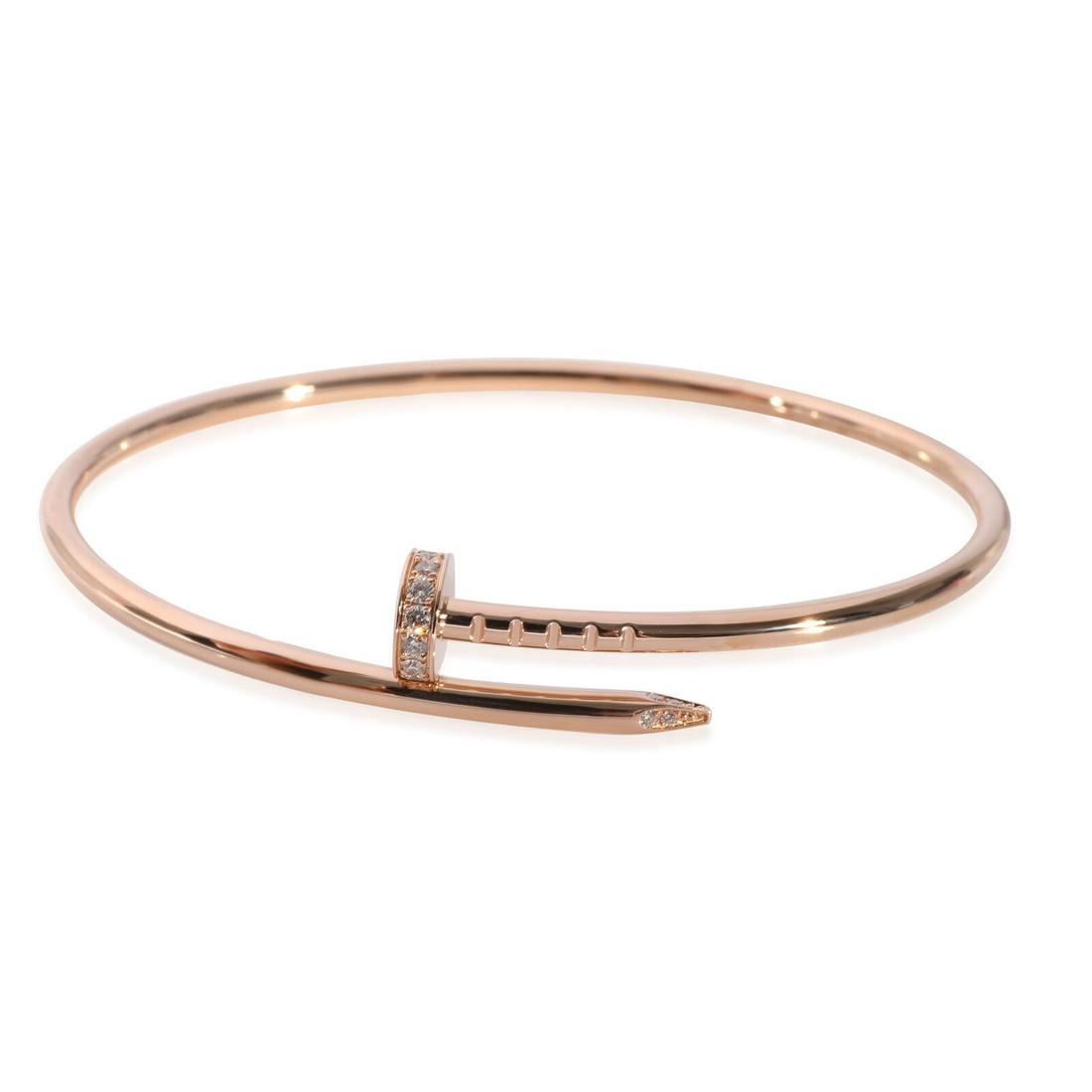 Cartier Juste Un Clou Diamond Bracelet in 18k Rose Gold 0.18 CTW: Cartier Juste Un Clou Diamond Bracelet in 18k Rose Gold 0.18 CTW Side Stone Shape: Round Brilliant Item Length: 17 cm Original Box?: Yes Original Papers?: Yes Side Stone Type: Diamond Side Stone Weigh