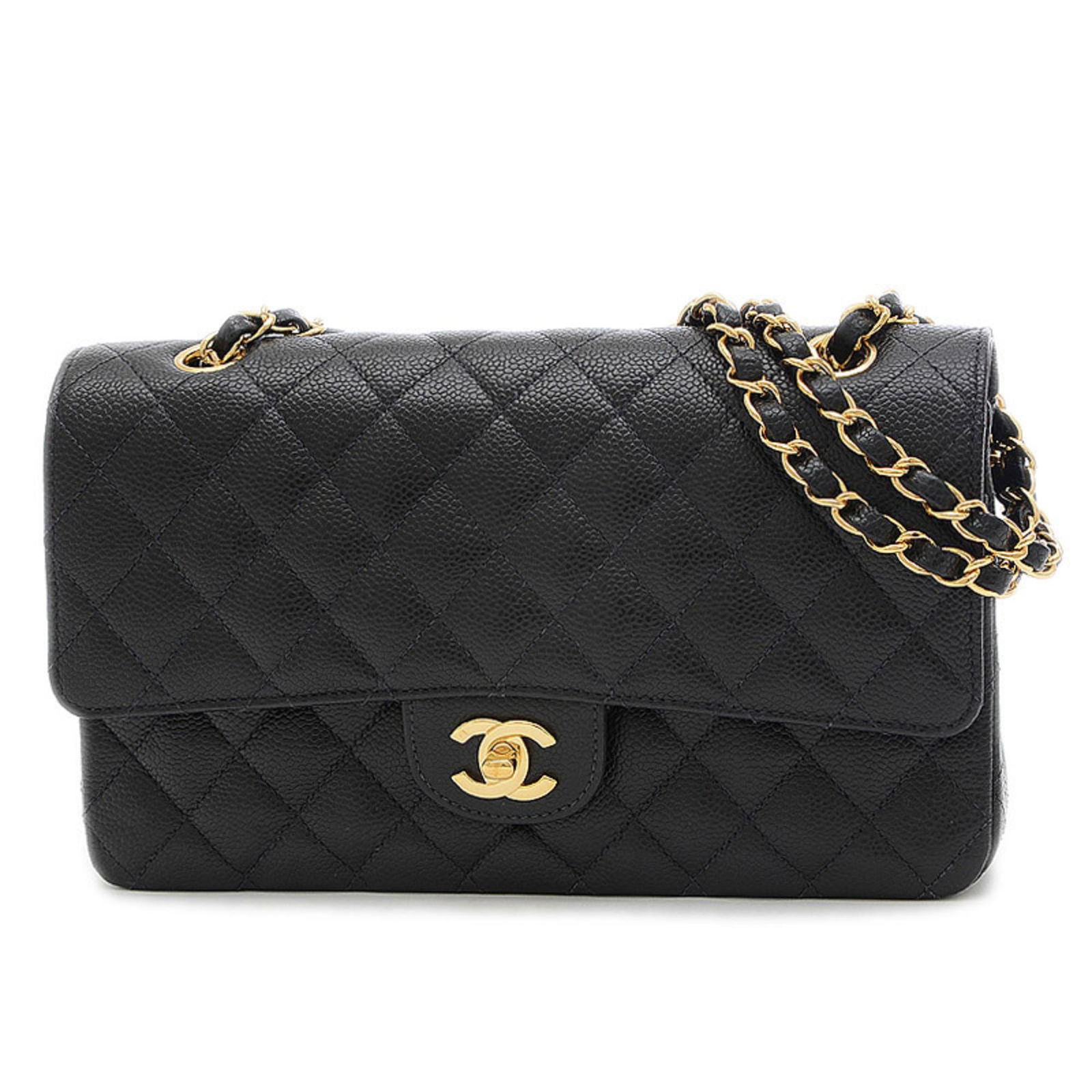 Chanel Matrasse W Chain Shoulder Bag Caviar Skin Black A01112: Chanel Matrasse W Chain Shoulder Bag Caviar Skin Black A01112 Brand: Chanel Line: Matelasse Type: Shoulder bag Material: Caviar leather Caviar leather: Color: Black Hardware Color: Gold Size (HxWxD):