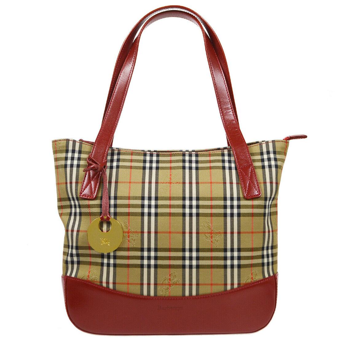 BURBERRY House Check Pattern Hand Bag Beige Red Canvas Leather: BURBERRY House Check Pattern Hand Bag Beige Red Canvas Leather Size: Small Model: Hand Bag Style: Hand Bag Handle Style: Double Handles Bag Height: 9.4 Exterior Color: Beige Red etc Product Line: Hous
