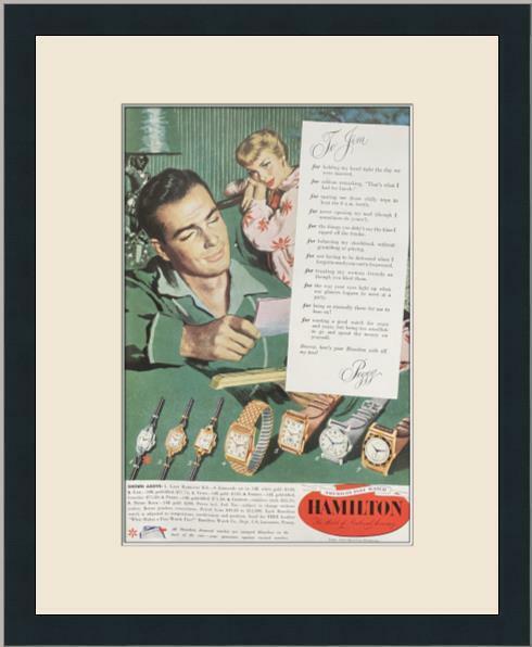 Hamilton Watch Co. Original 1960's Advertising Print Custom Gallery Framed: Hamilton Watch Co. Original 1960's Advertising Print Custom Gallery Framed Features: Framed Matted Region Of Origin: united states Personalize: No Item Width: 14 in Title: Hamilton Watch Co Production