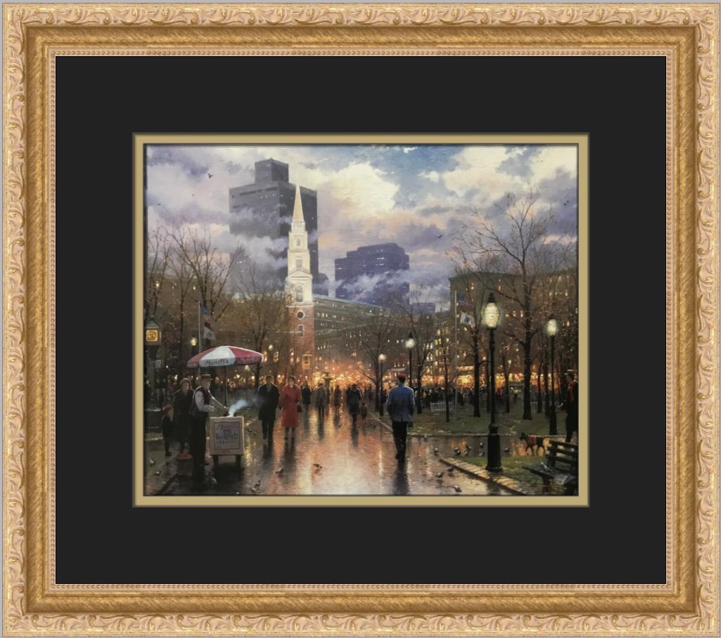Thomas Kinkade Boston An Evening Stroll Through the Commons Custom Framed Print: Thomas Kinkade Boston An Evening Stroll Through the Commons Custom Framed Print Size: Medium Region Of Origin: United States Artist: Thomas Kinkade Production Technique: Offset Lithograph Framing: Mat