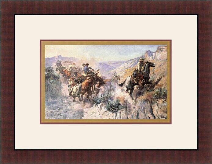 Charles M. Russell - A Mix Up 1910 Custom Gallery Framed: Charles M. Russell - A Mix Up 1910 Custom Gallery Framed Features: Framed Matted Region Of Origin: united states Item Width: 16 in Title: A Mix Up Production Technique: Lithography Item Length: 16 in 
