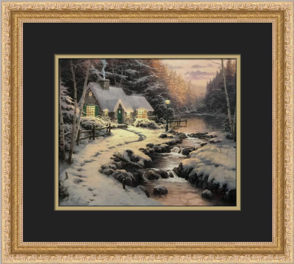 Thomas Kinkade Evening Glow Custom Framed Print: Thomas Kinkade Evening Glow Custom Framed Print Size: Medium Region Of Origin: United States Artist: Thomas Kinkade Production Technique: Offset Lithograph Framing: Matted & Framed Style: Americana Re